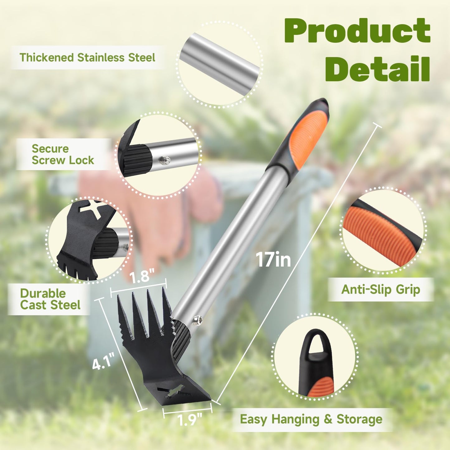 NICOFPHY Weed Puller Tool 2 Pack, 2 in 1 Manual Weeding Rake and Garden Hoe, 17" Uprooting Weeder Remover Tool for Yard Lawn Patio and Garden, Portable Gardening Hand Tools for Veggies Flower Planting