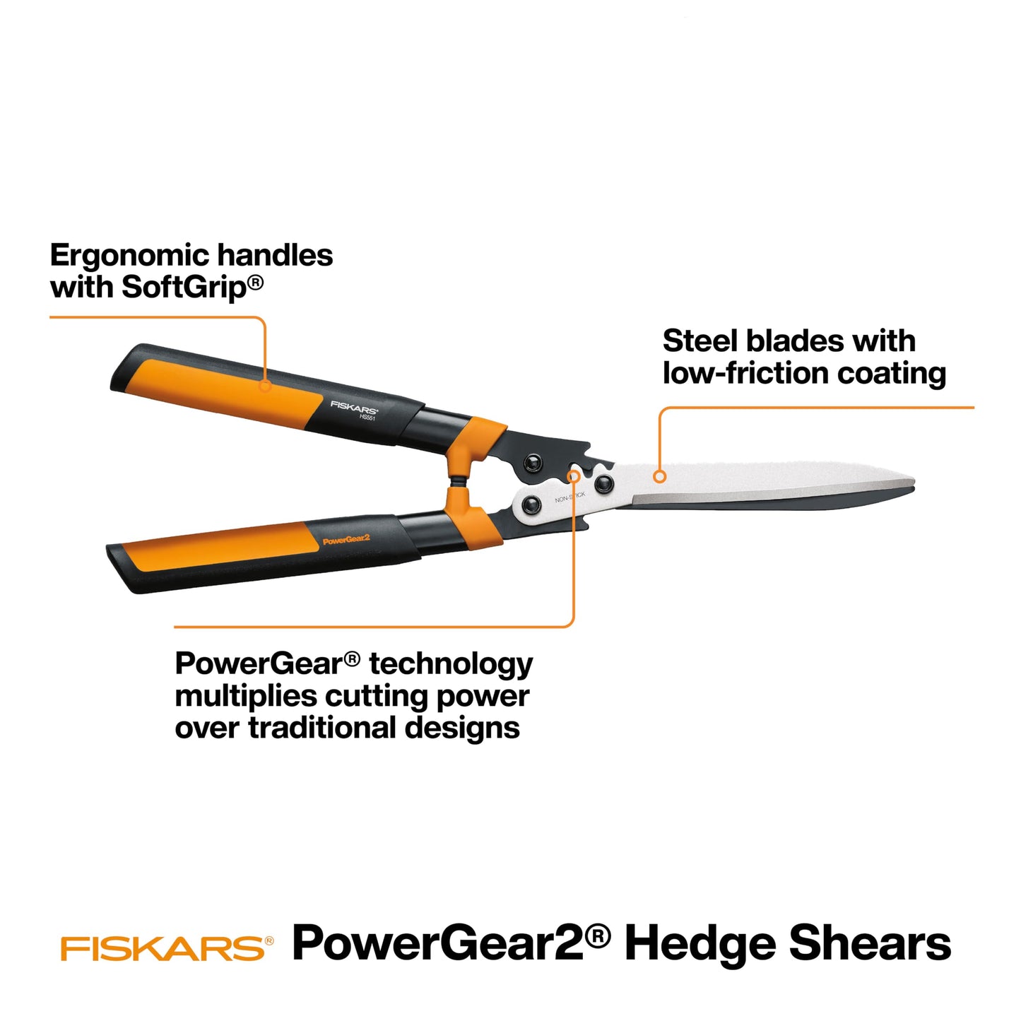 Fiskars 23" Hedge Shears, Hedge Clippers with PowerGear2 Technology that Multiplies Power for Less Effort, Garden Shears with SoftGrip Handles and Shock-Absorbing Bumpers