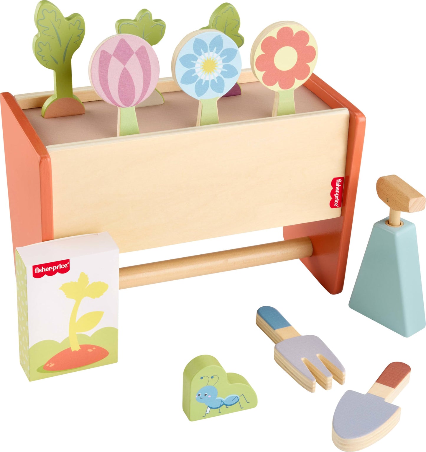 Fisher-Price Wood Pretend Play Toy Tiny Garden Caddy, 12-Piece Set with Wooden Tools & Plants for Preschool Kids Ages 3+ Years