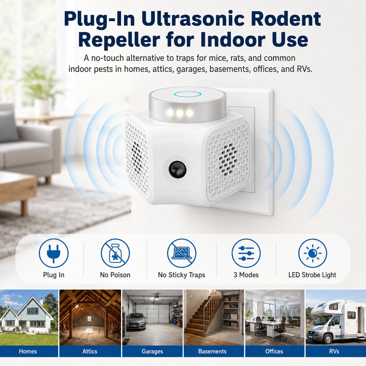 Ultrasonic Mouse Repellent Plug in Indoor, No-Touch Rodent Repellent for Home, 3 Modes with LED Strobe Light, Electronic Pest Control for House, Attic, Garage, Basement, Office and RV