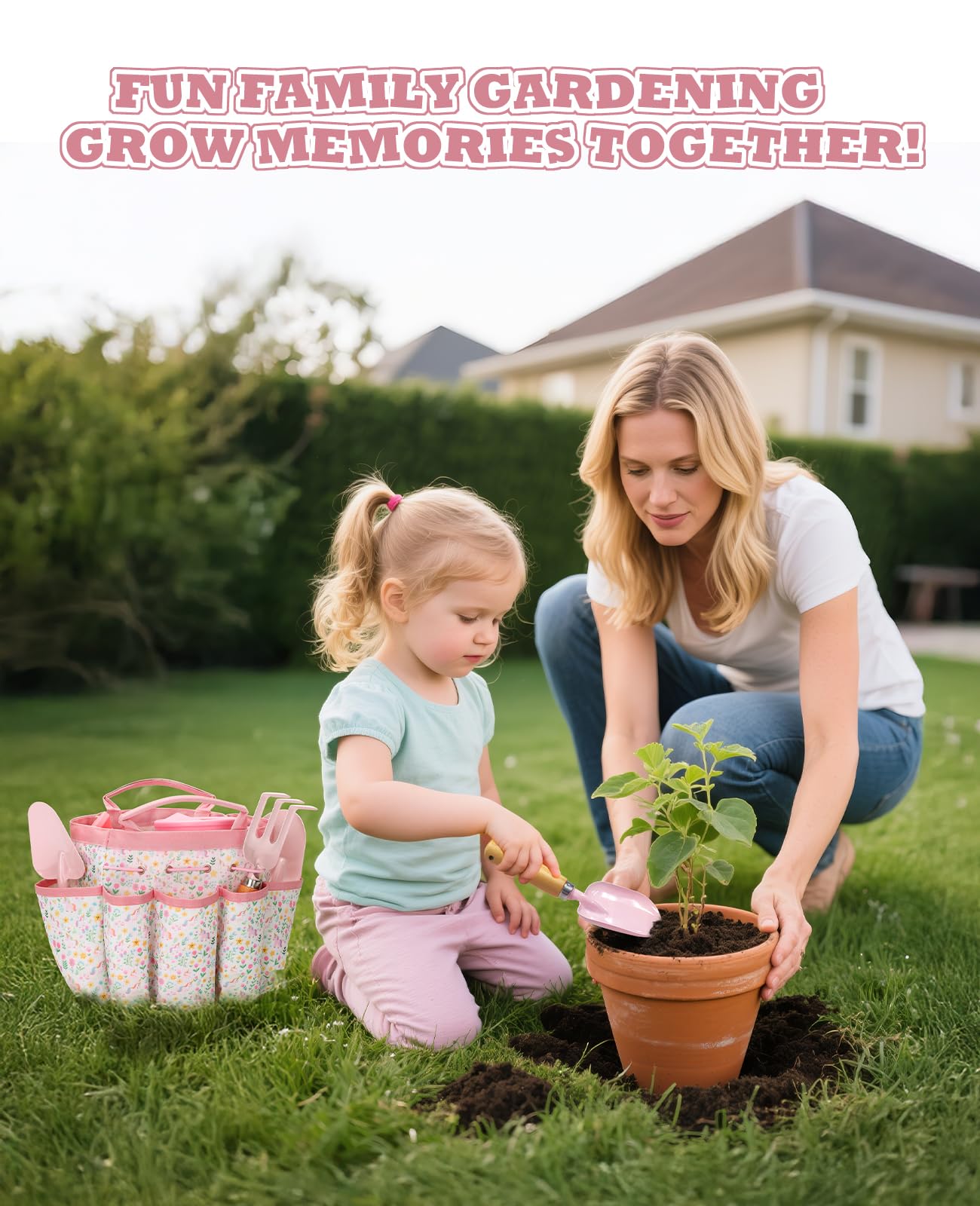Kids Gardening Set, Gardening Tools Kit for Kids and Toddler, Includes Wooden Rake, Two Shovels, Gloves, Watering Can, Apron, and Tote Bag, Outdoor Toys for Girl Boy, Pink