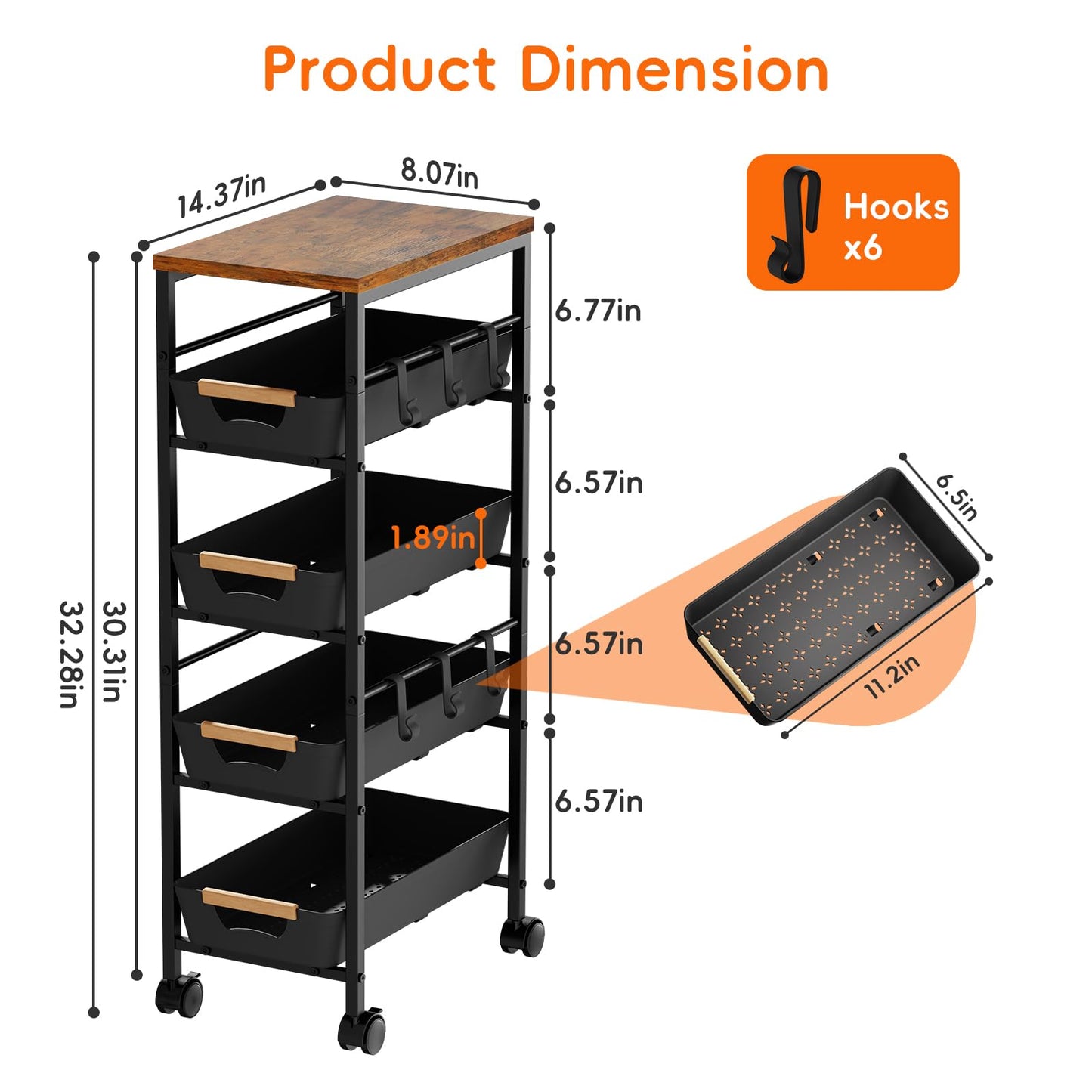 Landmok 5-Tier Slim Storage Cart, Wooden Top Rolling Kitchen Cart with Pull-Out Baskets & Wheels, Narrow Space Utility Cart Slide Out Organizer for Kitchen, Bathroom, Laundry Room, Black