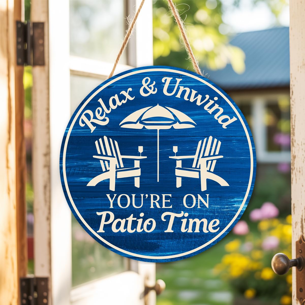 Patio Wood Hanging Sign for Front Porch, Relax Unwind You're On Patio Time Wall Decor Sign for Home Bar