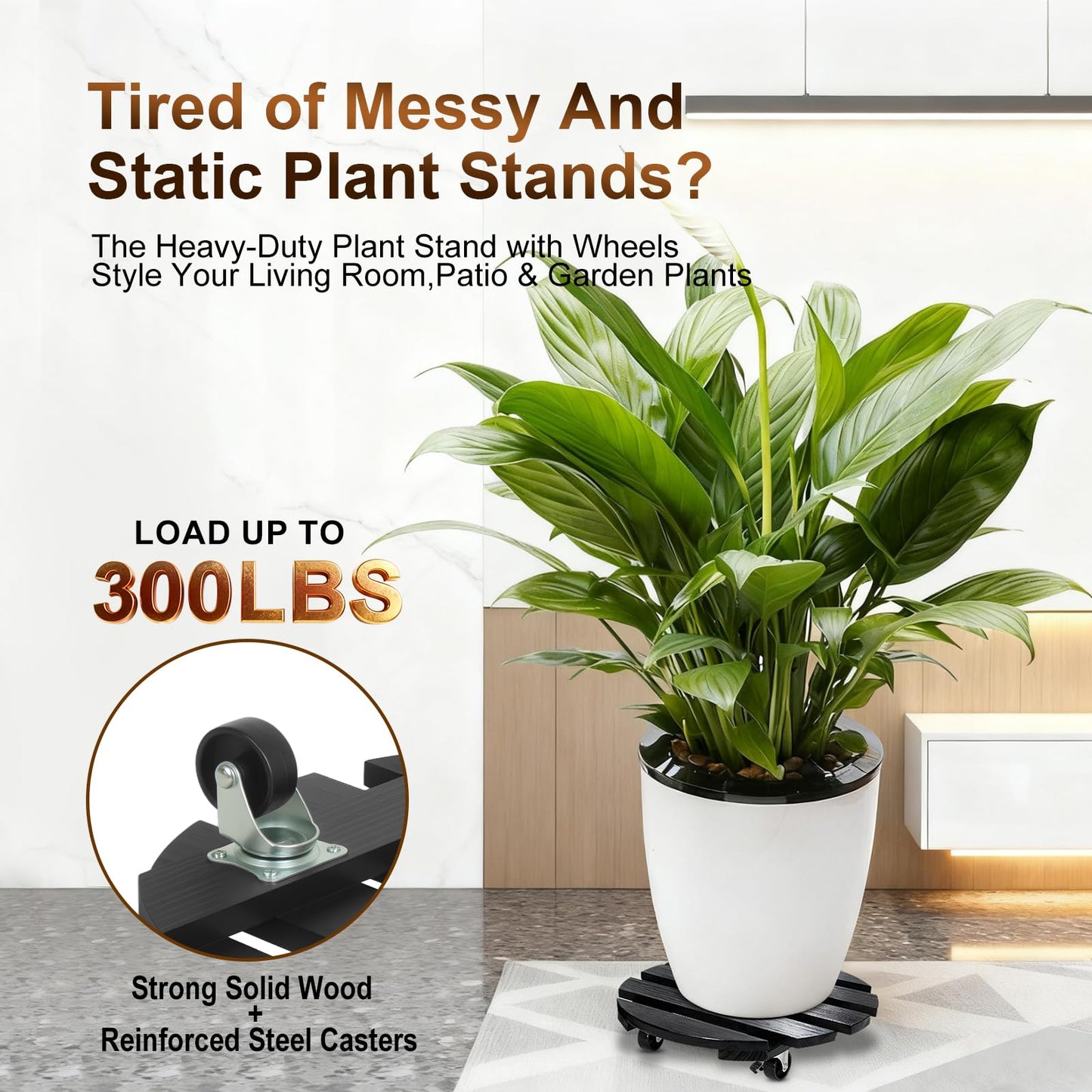 IBGUC 2 Pack Plant Caddy with Wheels 13'' Rolling Plant Stand Indoor Outdoor, Heavy Duty Wooden Plant Stand with Wheels 300Lbs Capacity with 360°Lockable Rolling Base for Pot, Planter, Tray, Patio