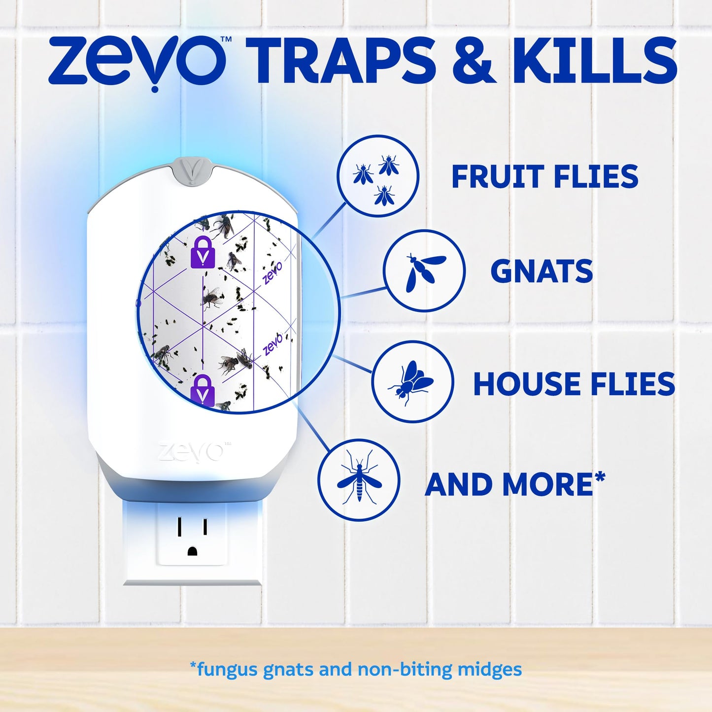 Zevo Flying Insect Trap & Cartridge - Plug in Fly Trap & Indoor Bug Catcher for Gnats, House & Fruit Flies - Mess-Free - Use in Any Room - Uses Blue & UV Light (1 Plug in Device & 1 Cartridge)