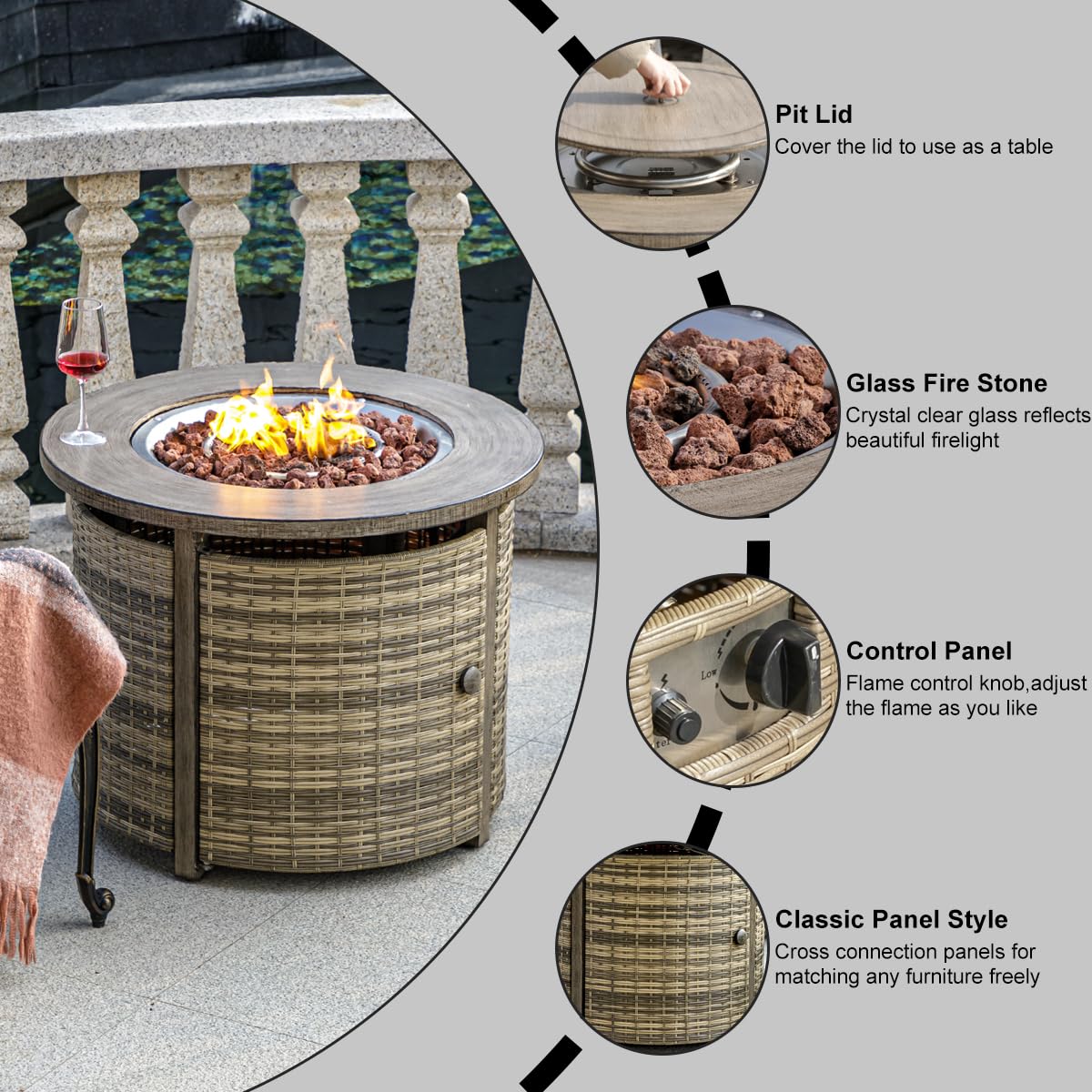 OutVue 32 inch Propane Fire Pit Table,Wicker Gas Fire Pits Table with Lid & Lava Rocks, 50000 BTU Round Propane Firepit for Outside, Fire Table for Dining,Party, Patio,Yard
