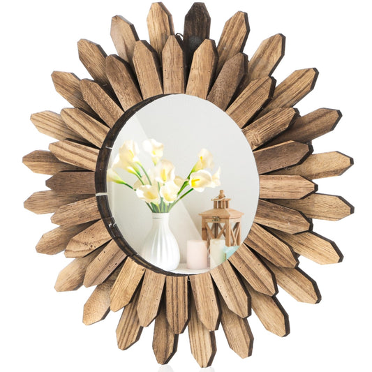Eorbow Wall Mirror Decorative, 12 inch Small Rustic Wood Boho Mirrors, Clear Sunburst Mirrors for Home Farmhouse Bedroom Entryway Decor House Warming Gifts New Home, No Distortion