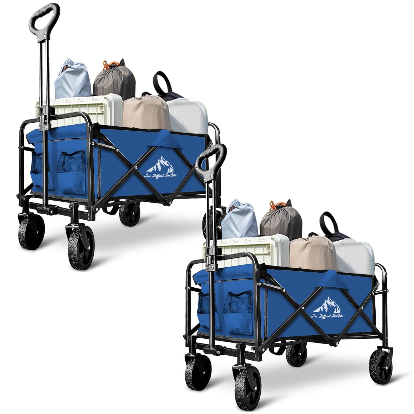 SAILARY Collapsible Utility Cart Folding Wagon, 320lbs Capacity Lightweight Rolling Cart with Quiet Wheels, Quick-Fold Design for Camping, Shopping, Ourdoor Use, Blue 2PCS