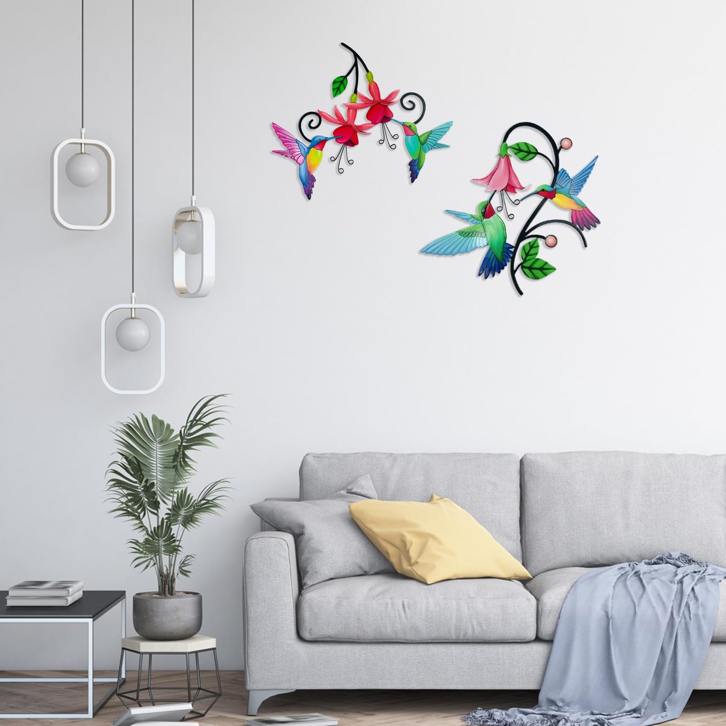 Meduofon 2 Pack Metal Hummingbird & Flower Outdoor Wall Art Decor, Creative Wall Decor for Patio, Fence, Deck, Garden, Home, Kitchen, Balcony