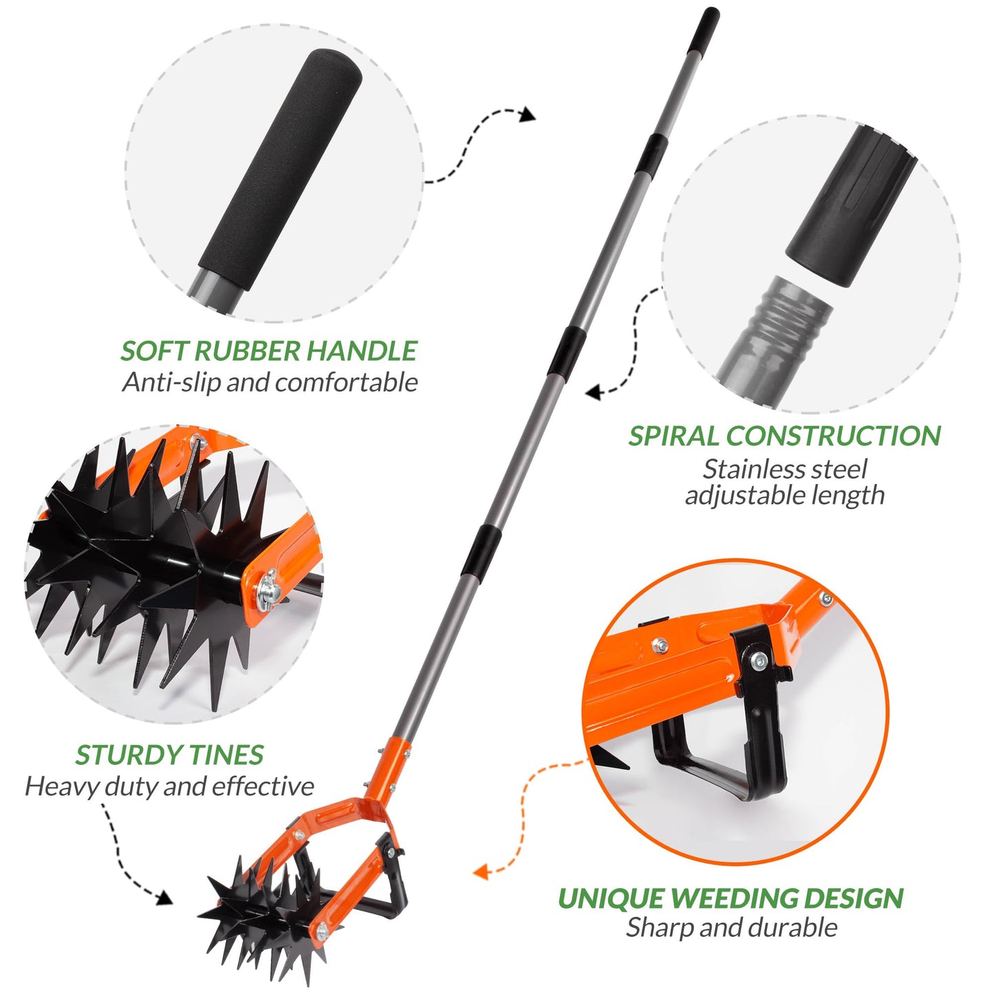 Walensee Rotary Cultivator Garden Tool, Adjustable Long Handle Hand Tiller with Star-Shaped Rolling Tines, 2-in-1 Weeder & Soil Aerator for Lawn Care, Reseeding Grass, Soil Mixing, Manual Yard Tiller