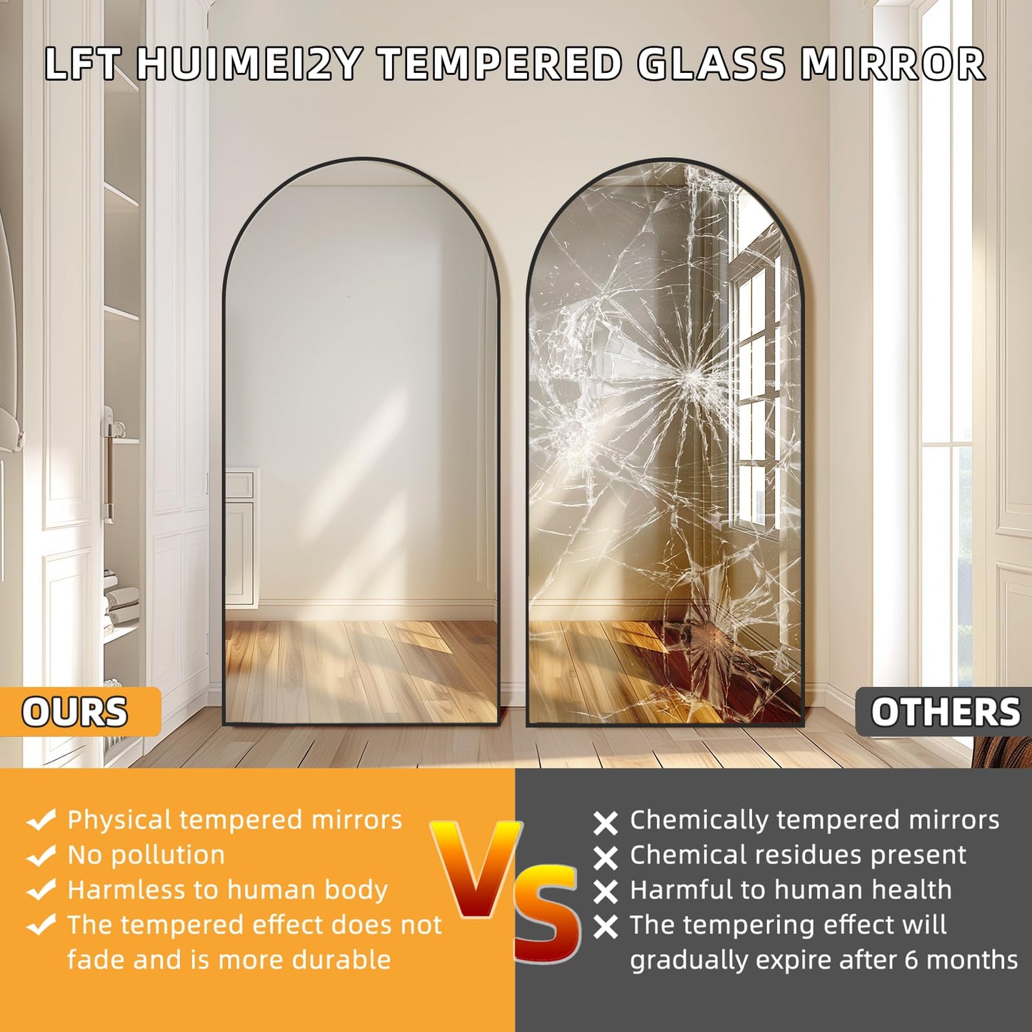 LFT HUIMEI2Y 76.4"x37" Arched Full Length Mirror, Large Full Body Floor Mirror, Tempered Glass Standing Dressing Mirror for Bedroom, Living Room, Gym, Black