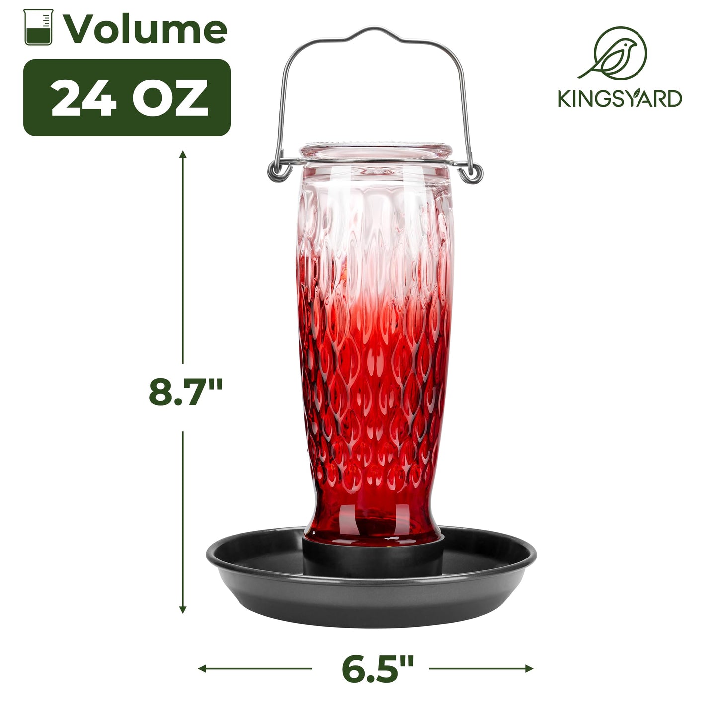 Kingsyard Bird Water Feeder for Outside, 24 Ounce, Glass Bird Water Dispenser with Metal Hanging for Garden Yard Outside Decoration, Red Gradient