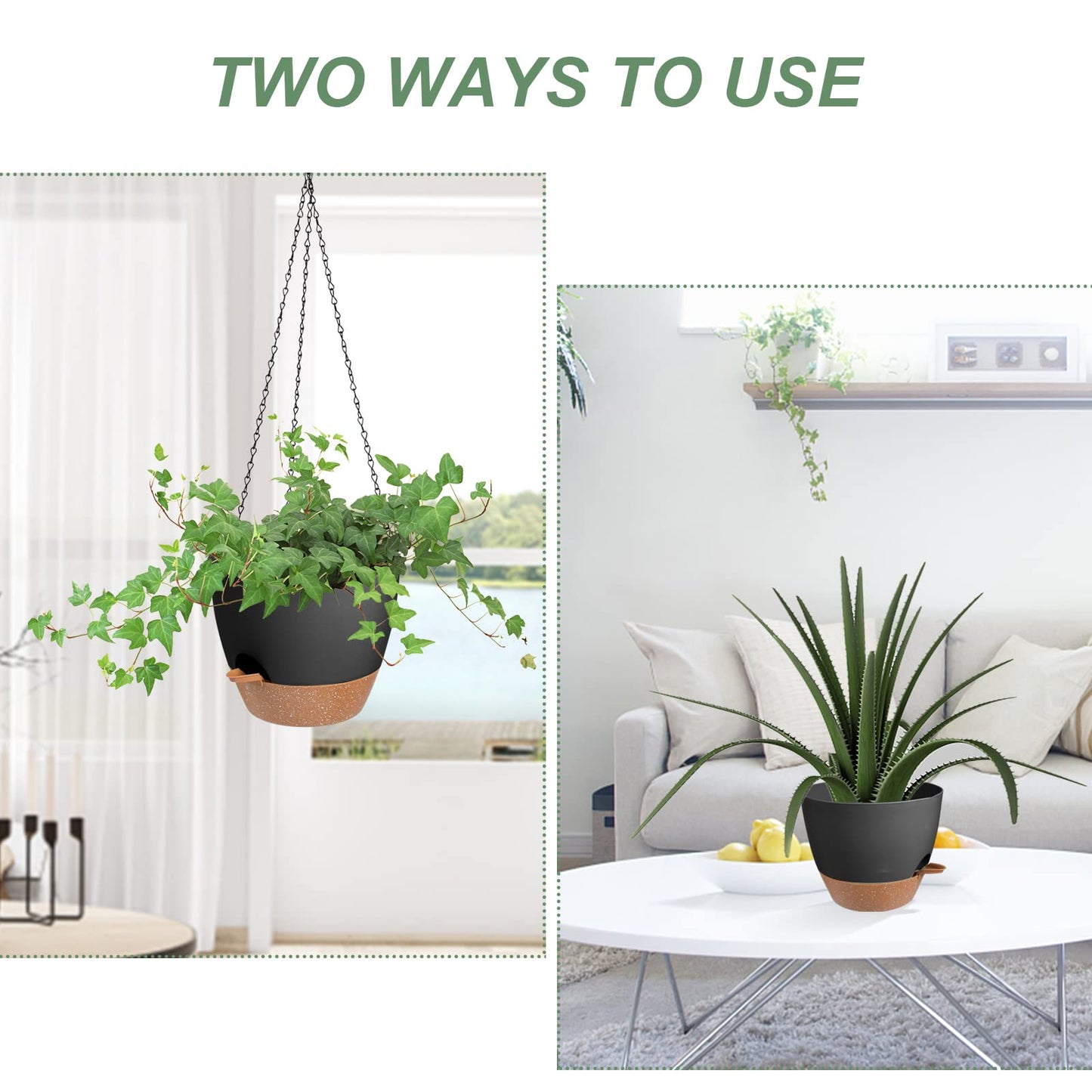 Vanslogreen Hanging Planters for Indoor Outdoor Plants, 2 Pack Self Watering Hanging Pot with Drainage Holes & Removable Tray (Black, 10'')