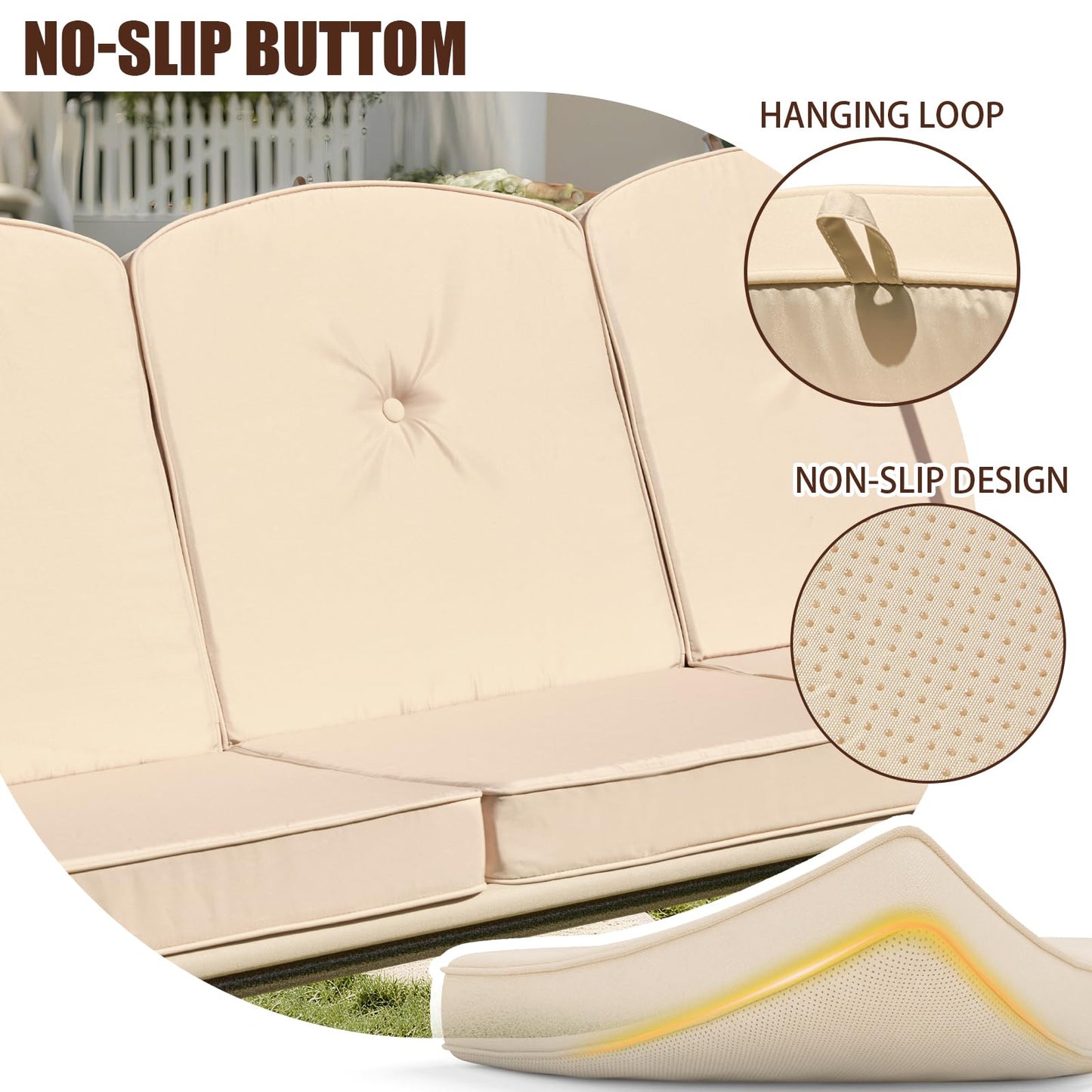 Oungelark Outdoor Porch Swing Cushions 3 Seater with Swing Canopy, Replacement Cushions for Outdoor Swing, Patio Swing Cushion 25D Foam (Khaki)