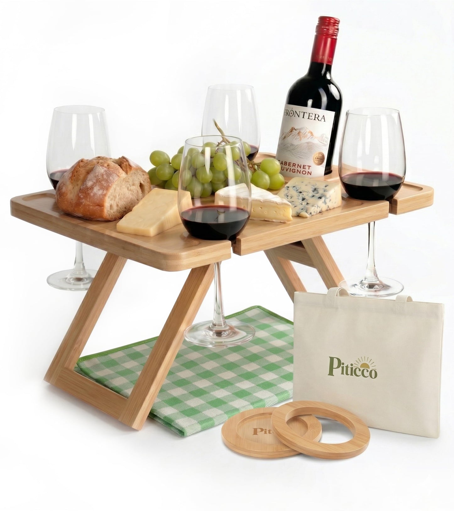 Outdoor Wine Picnic Table, Wooden Folding Picnic Table with Glass Holder, Bamboo Wine Glass Snack Tray for Indoor & Outdoor Use, Includes Picnic Mat & Tote Bag