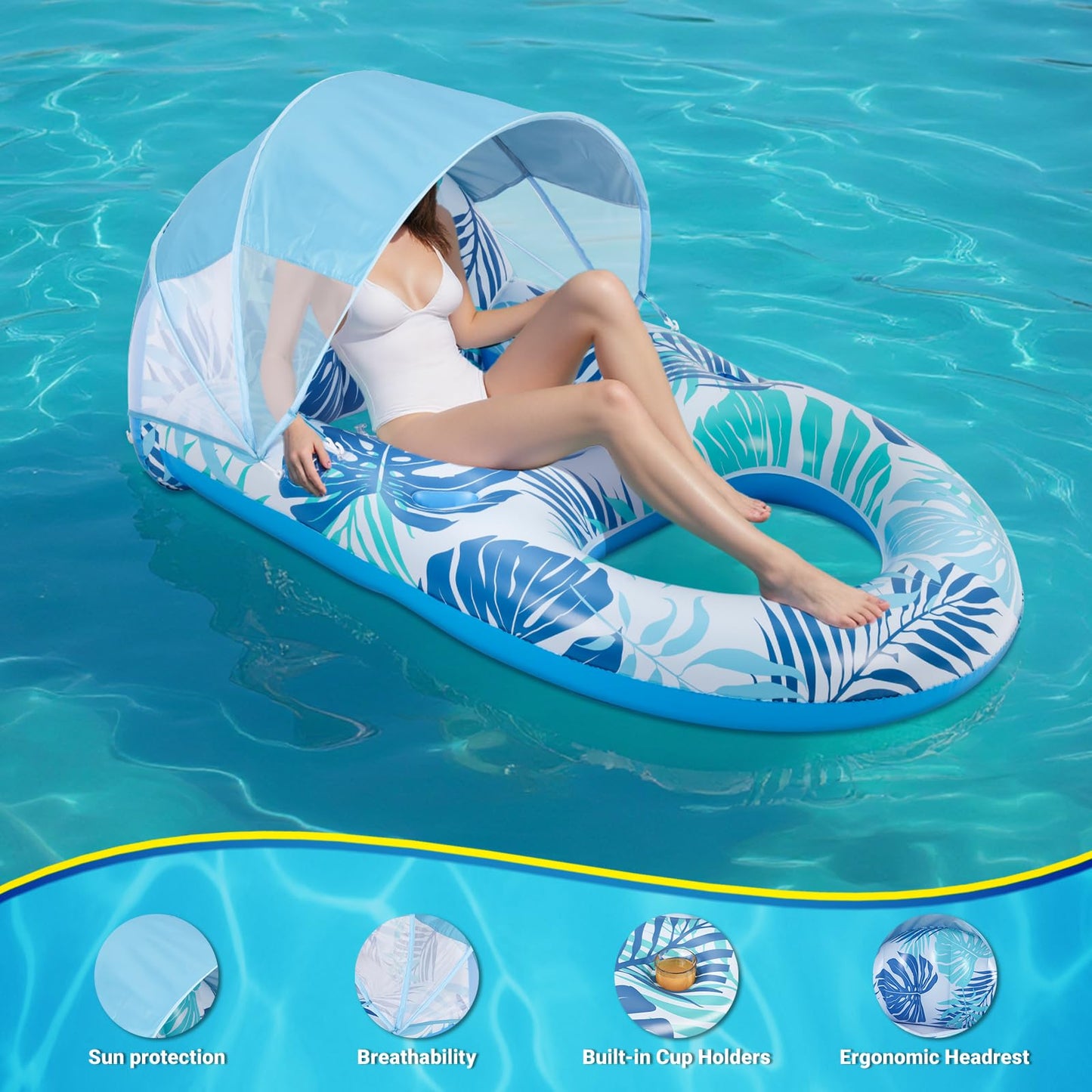 Pool Floats for Adults with Canopy,Grand Extra Large Inflatable Chair Lounger Floaties with Adjustable Sun Shade Cover, Drink Holder,Travel Pool Beach Lake Swim Inflatables Water Floating Rafts