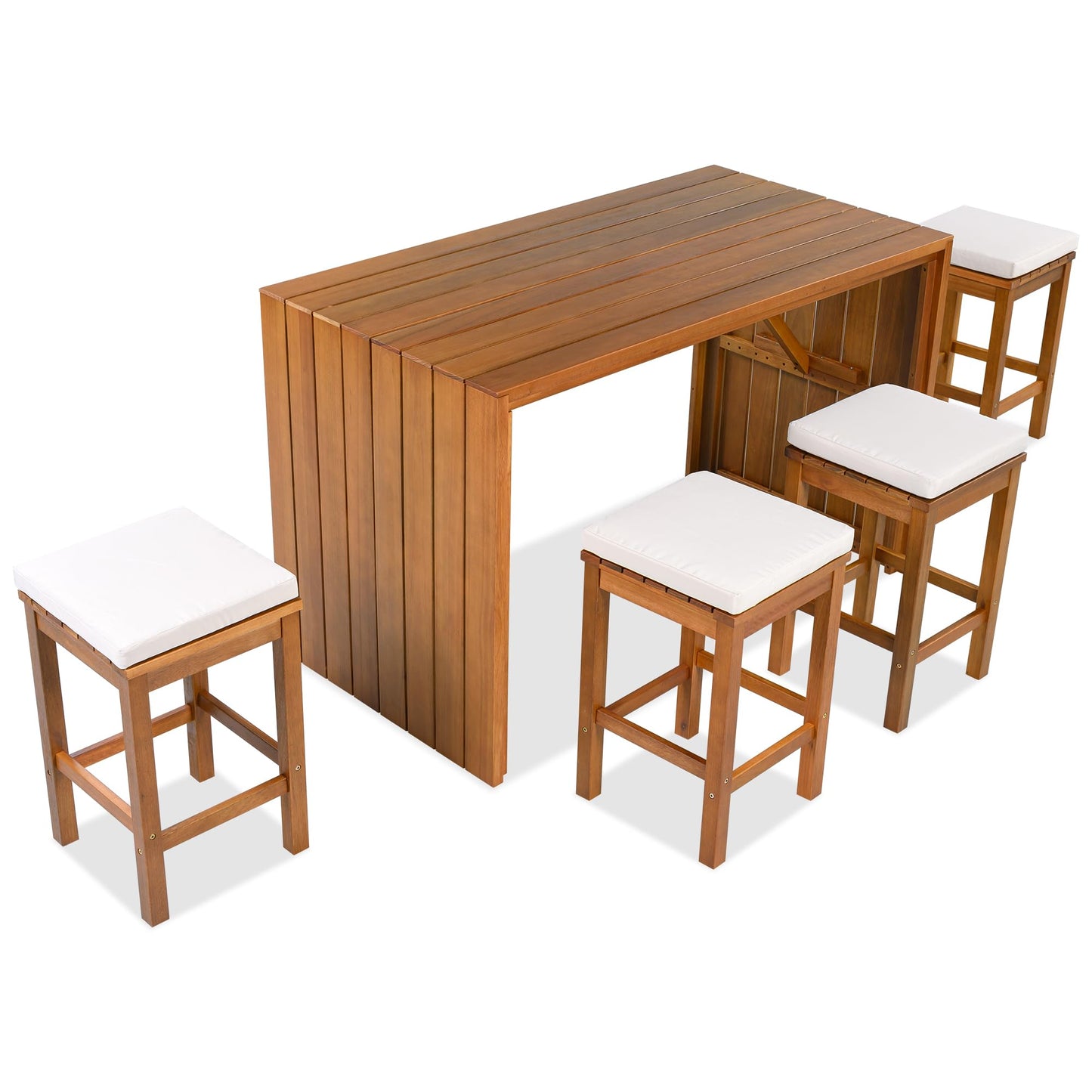 GDFStudio 5 Piece Outdoor Bar Table Set with 4 Stools, Patio Acacia Wood Bar Height Dining Furniture with Cushions, Natural Wood Counter Height Table & Chairs for Backyard, Balcony, Garden, Poolside