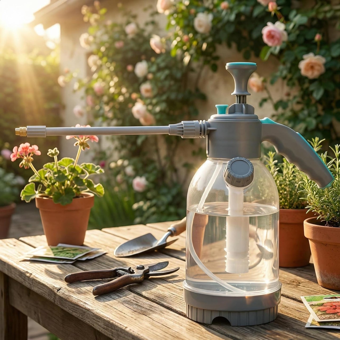 70oz/0.5 Gallon Hand Pump Sprayer,Clear Water Spray Bottle with Measuring Cup and Side Filling Port,Adjustable Nozzles,Portable Pressure Spray Bottle for Spraying Plants,Flowers,Weeds and Cleaning