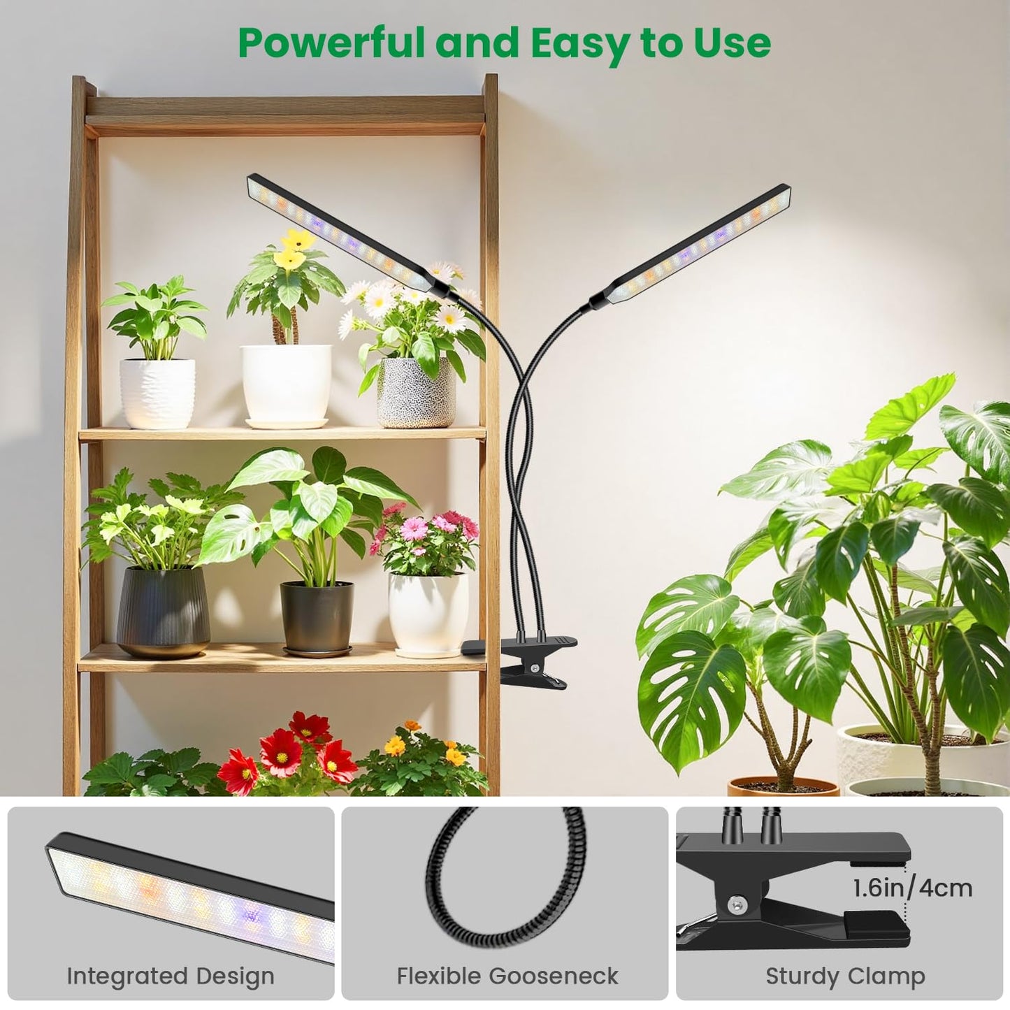 Aumtrly Grow Light Clip on 2 Pack, 228 LED Full Spectrum Plant Lights for Indoor Growing, 2 Head Black Arm Grow Lamp with Gooseneck, 6/12/16H Timer, 5 Dimming, 3 Light Mode