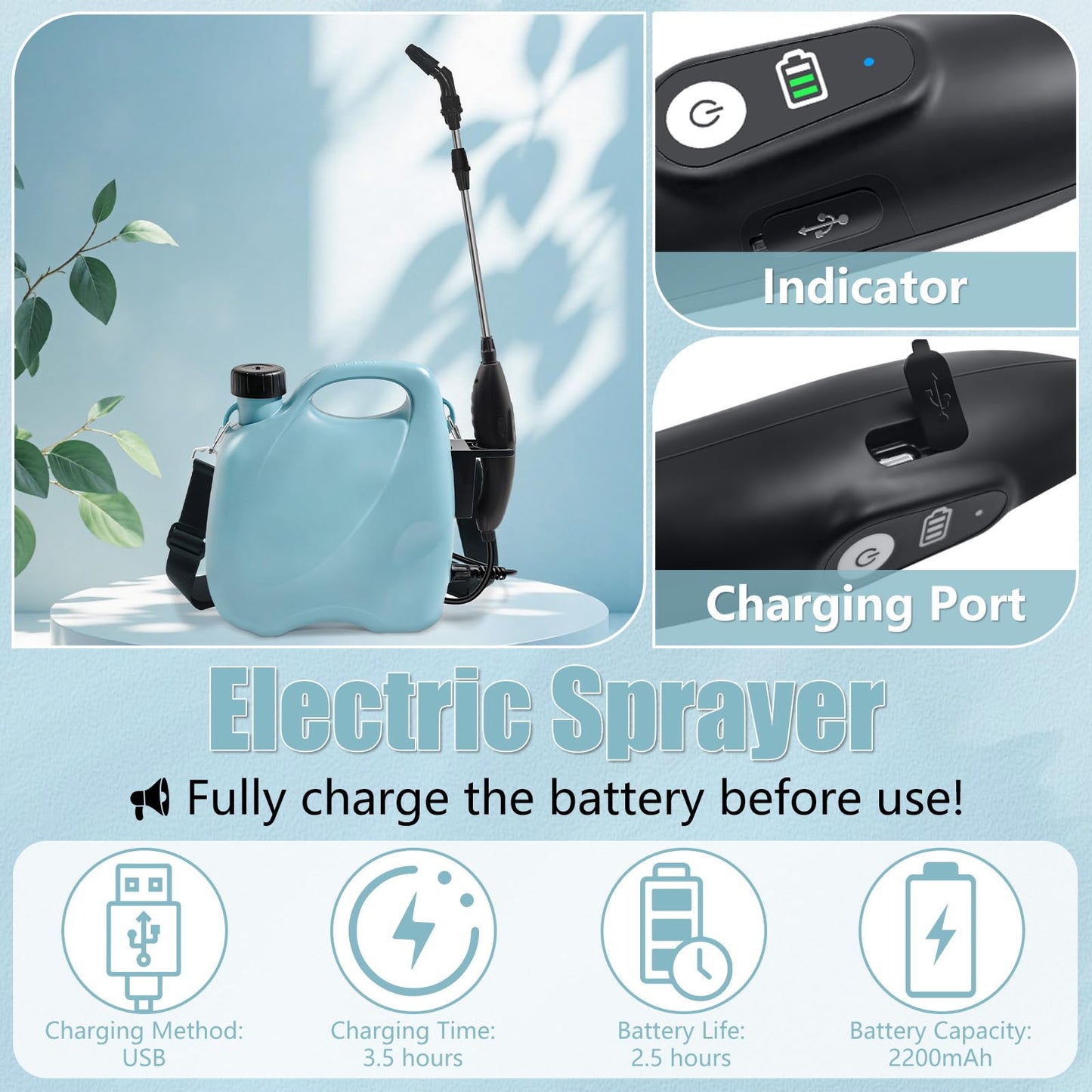 Battery Powered Sprayer 2 Gallon, Electric Garden Sprayer in Lawn with 3 Mist Nozzles, USB Rechargeable Handle, Retractable Wand, Yard Pump Sprayers with Adjustable Shoulder Strap for Plants
