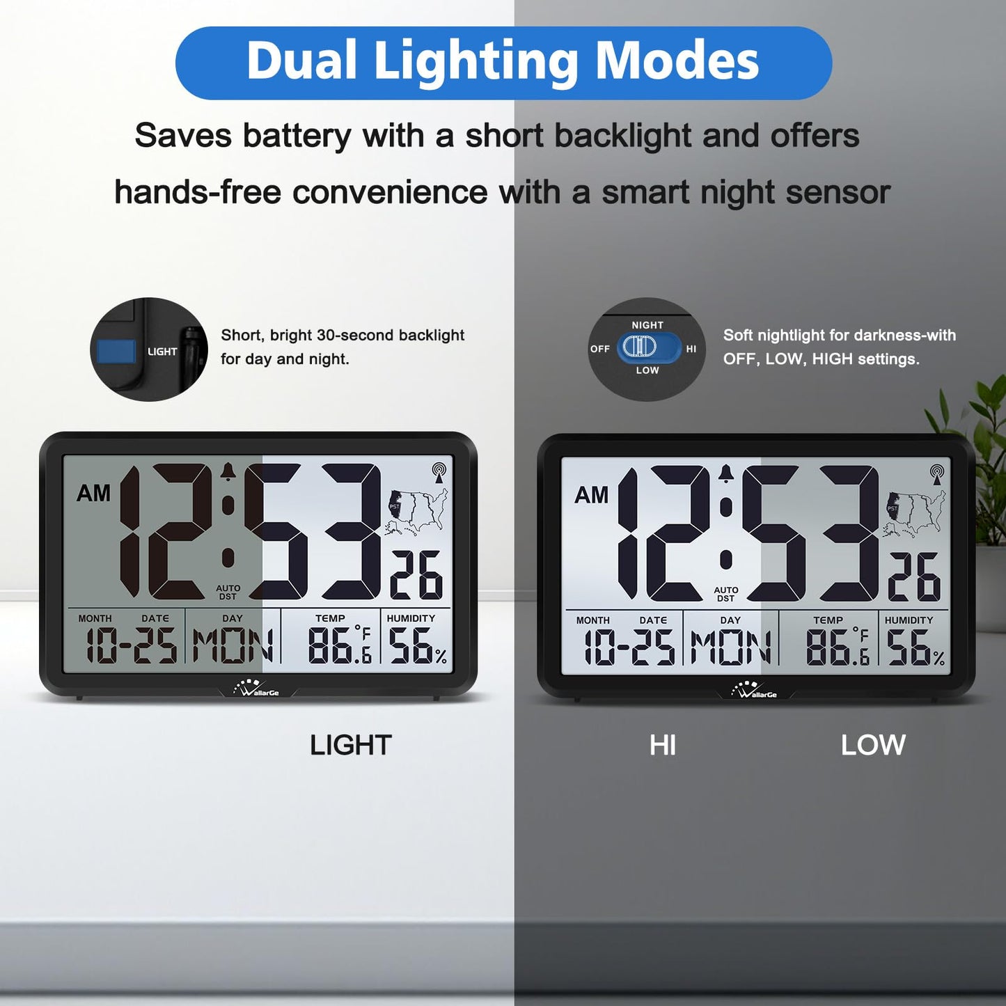 WallarGe Atomic Wall Clock with Backlight, Digital Wall Clock Battery Operated for Classroom, Bedroom, Office, Large Display with Indoor Temperature, Humidity, Date, AUTO DST, 6 Time Zones