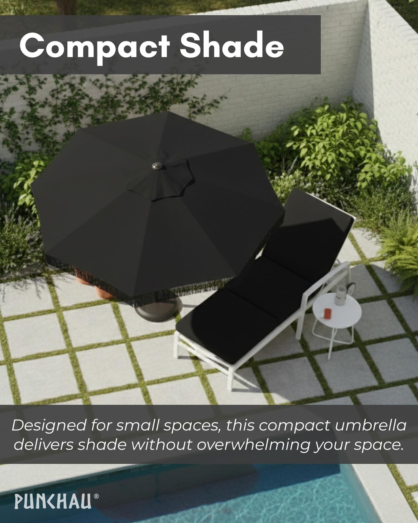 Punchau 6 Ft Black Fringe Patio Umbrella - Outdoor Umbrella for Patio, Pool, Table, Garden, & Deck, Push Button Tilt Pole - Fashionable Vintage Tassels - Black