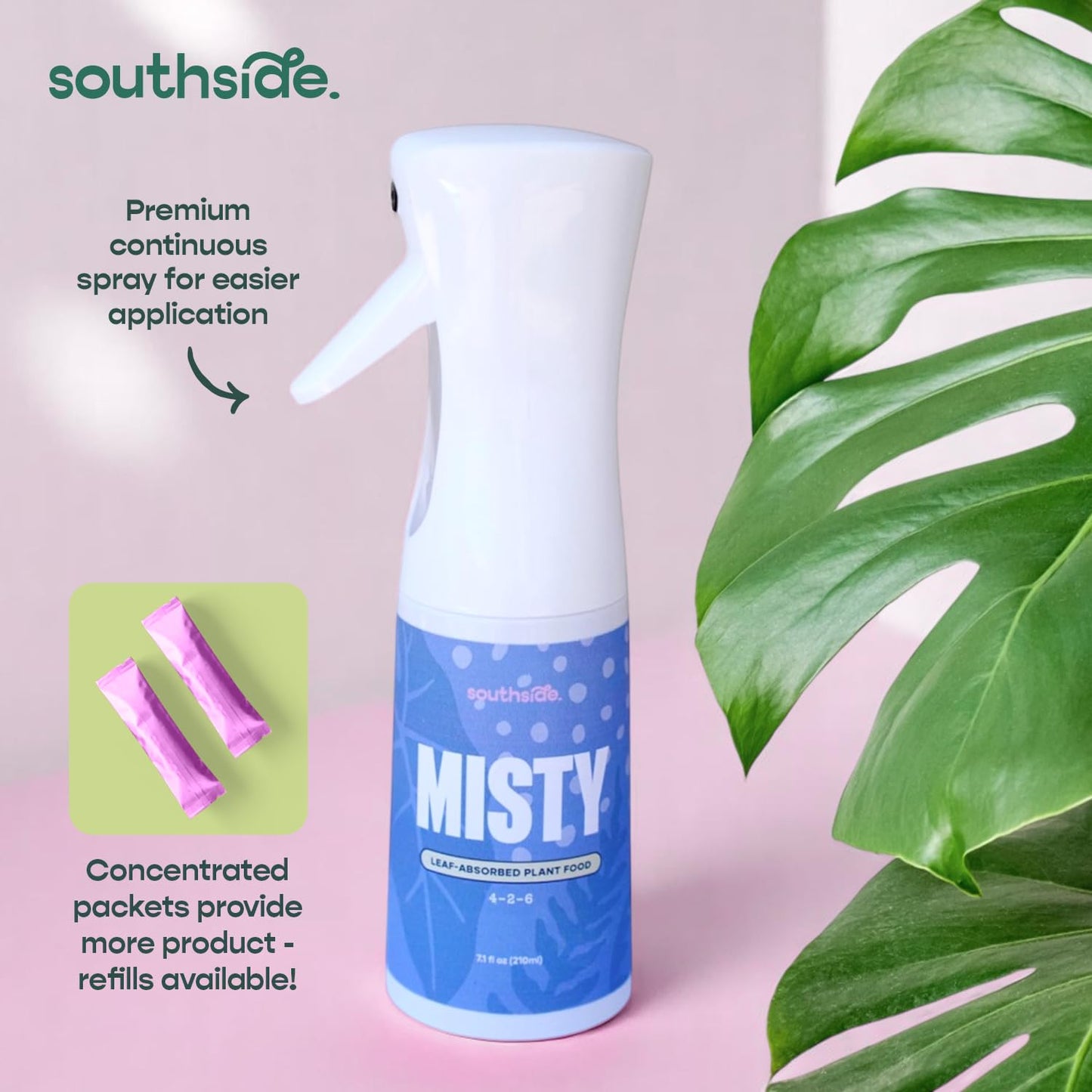 Southside Misty Fertilizer Spray - Use Year-Round - Leaf-Absorbed Plant Food in a Premium Continuous Spray Bottle (4-2-6 NPK) -Hydration & Nutrition for Humidity-Loving Houseplants -7.1 fl oz (210ml)