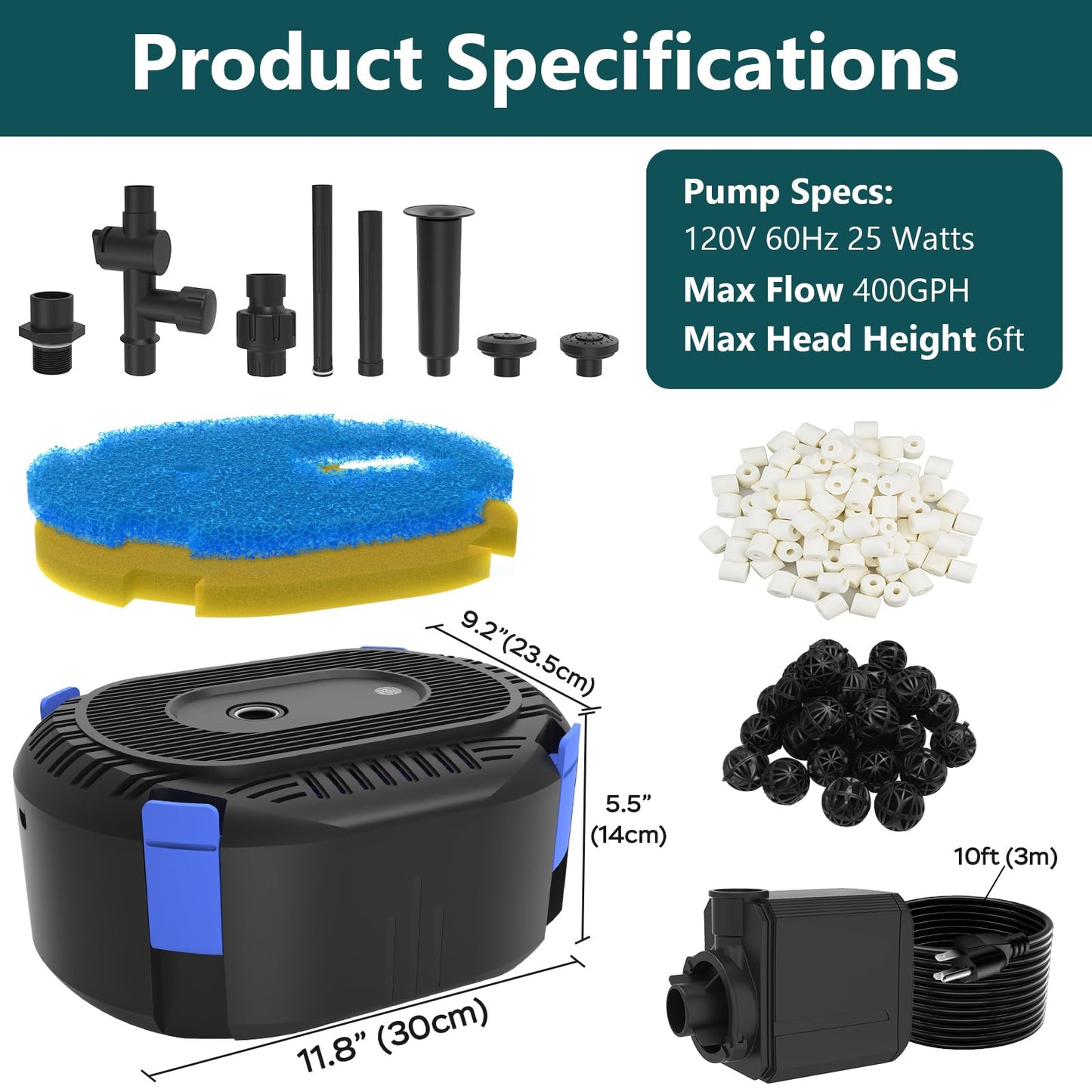 AquaMiracle Pond Filter with Pump Fountain Kits | 400GPH Pond Filter with Pond Pump & Fountain Kit | 3 Spray Patterns | Water Feature | Koi Pond Filters for Outdoor Ponds 200-350 Gal