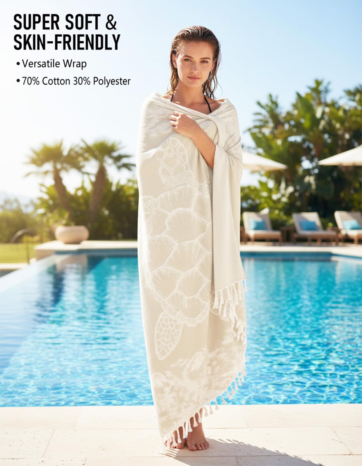 Yongoes Oversized Turkish Beach Towel Blanket Cotton Giant XL Sandproof Towels Huge Linen XXL Extra Large Big Throw Quilt Blankets for Adults Beige Turtle