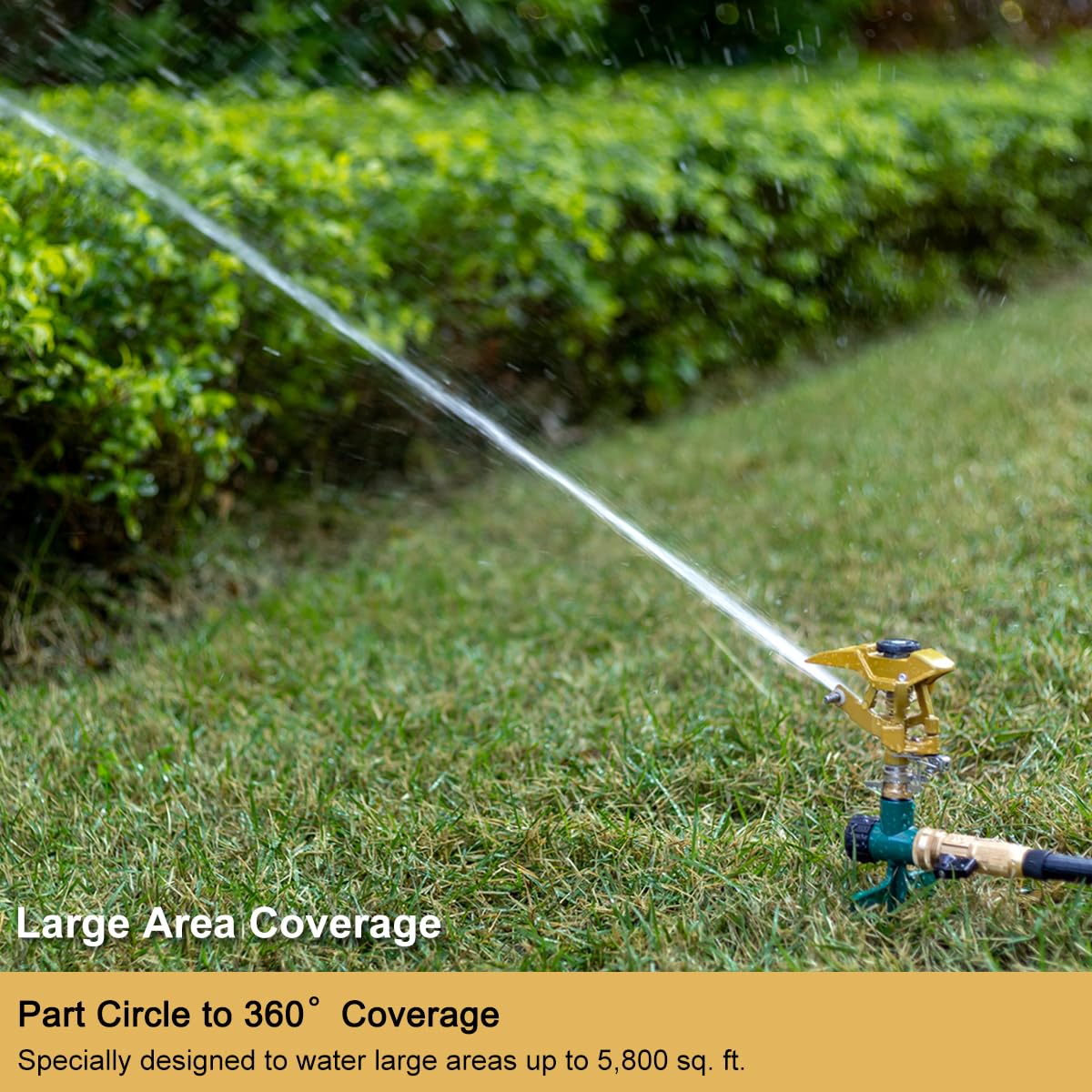 FANHAO Heavy Duty Pulsating Impact Sprinkler on Spike Base, 100% Metal Impact Sprinkler with 360° Adjustable Spray Pattern for Large Area Lawn & Yard Irrigation, Covers Up to 5800 sq. Ft