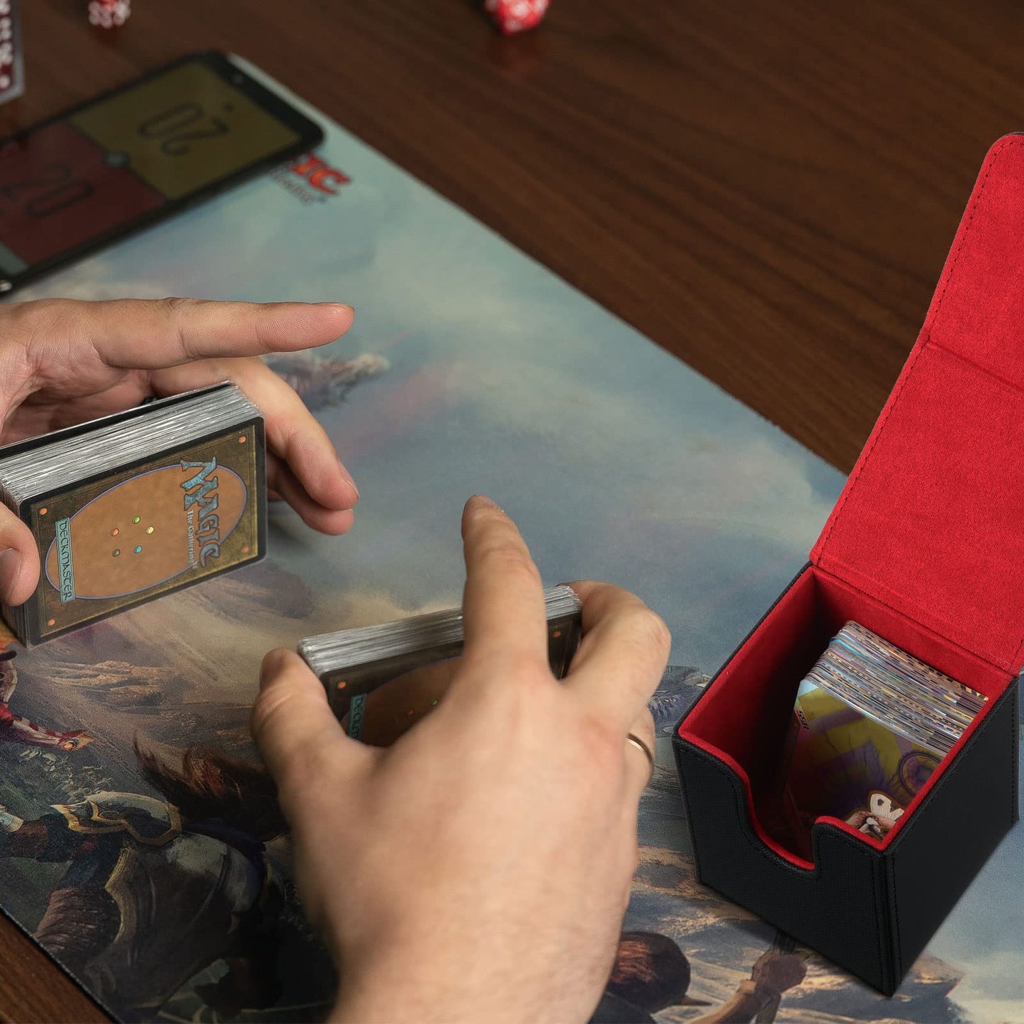 Weewooday 2 Boxes Leather Deck Card Boxes Large Size Fit 100 Plus Sleeved Cards Deck Game for Collectible Playing Compatible with Mtg Tcg(Vertical,Black Red, Red)