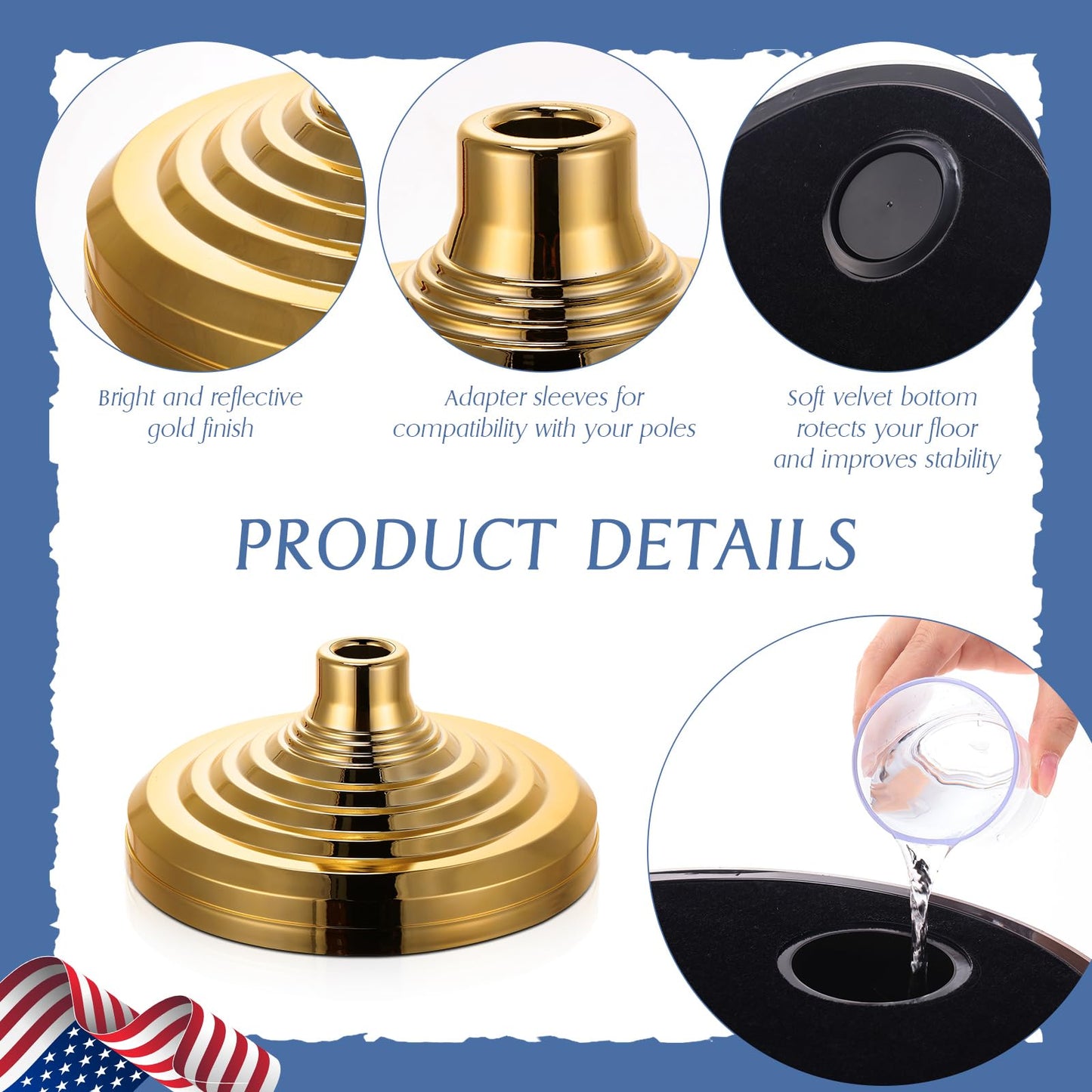 Zonon 4 Pack 7 ft Telescoping Indoor Flag Pole Kit Heavy Duty Flagpole with Ball Topper Flags Stand FlagPole Base Holder for House American Office City Hall School, Gold, Flag Not Included