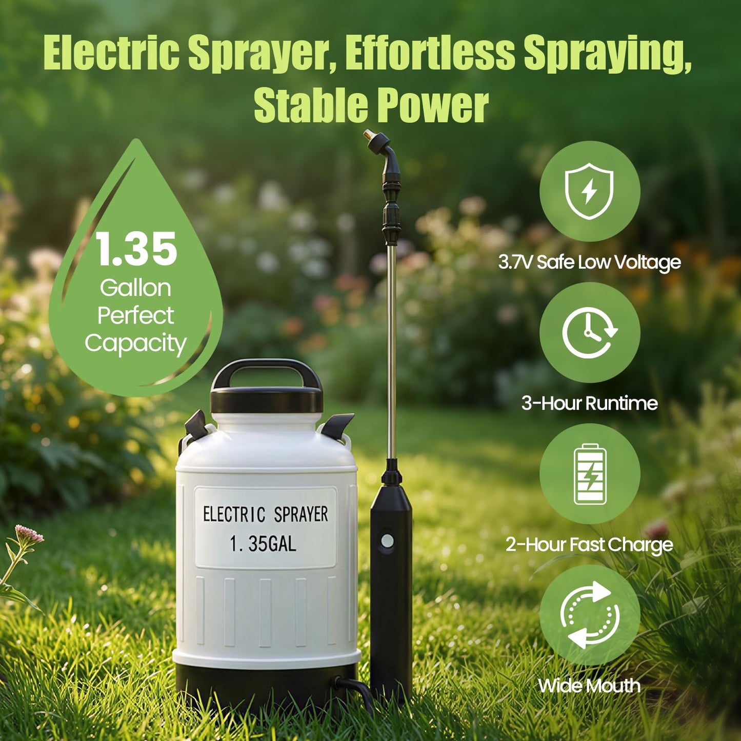 Battery Powered Electric Sprayer 1.35 Gallon Garden Pump Sprayer, Retractable Wand, 3 Mist Nozzles, USB Rechargeable Handle & Adjustable Shoulder Strap for Yard Lawn Planting