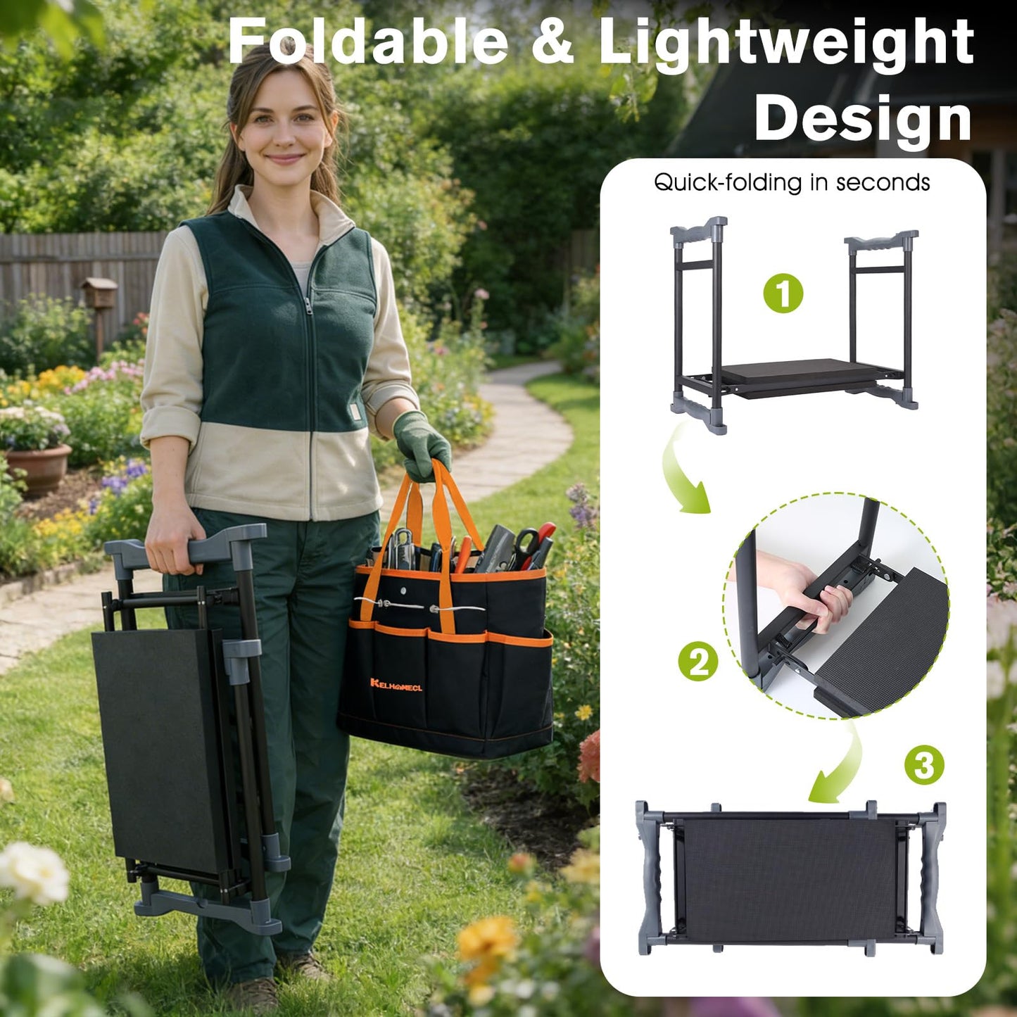 KELHOMECL Garden Kneeler and Seat with Umbrella, 2-in-1 Foldable Gardening Stool with Adjustable Bracket, Detachable Tool Bags, Heavy Duty Kneeling Pad for Gardening (Black Orange)