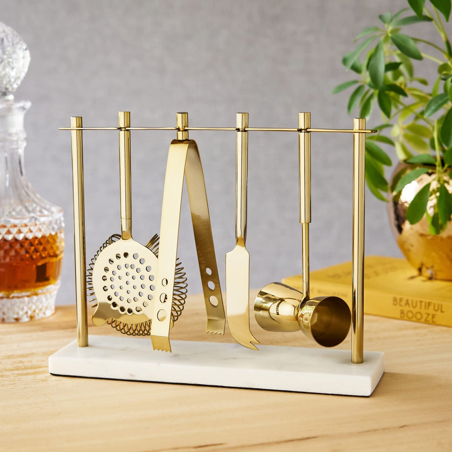 Twine Bar Tool Set Includes Hawthorne Strainer, Citrus Knife, Ice Tongs, Double Jigger with Marble Display Stand for Classic Cocktails and Cold Brew Drinks, Home Bar Cart Accessories, 4-Piece, Gold