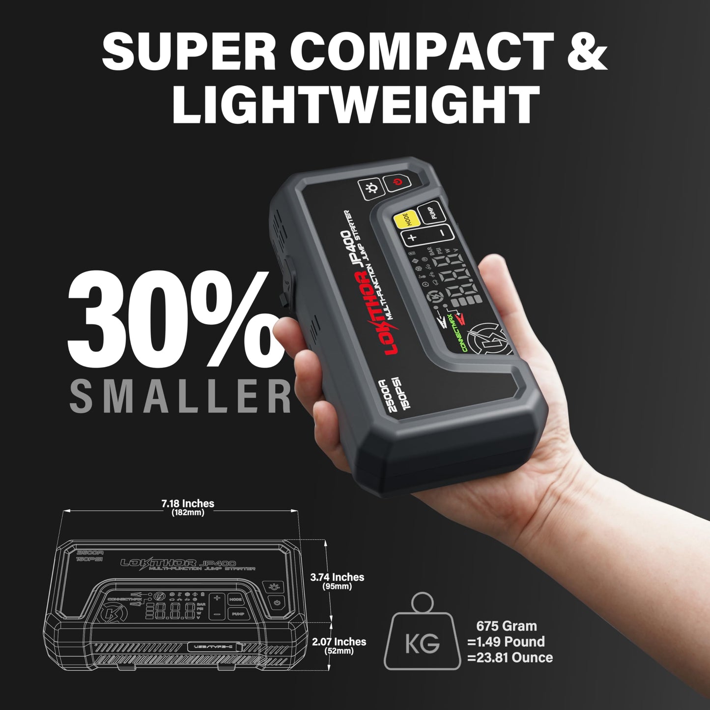 LOKITHOR JP400 Jump Starter with Air Compressor, 2500A 12V Car Battery Jumper Starter Portable (8.5L Gas/6.5L Diesel) Jump Box for Car Battery with ConnectMax, 150PSI Tire Inflator, Jumper Cables