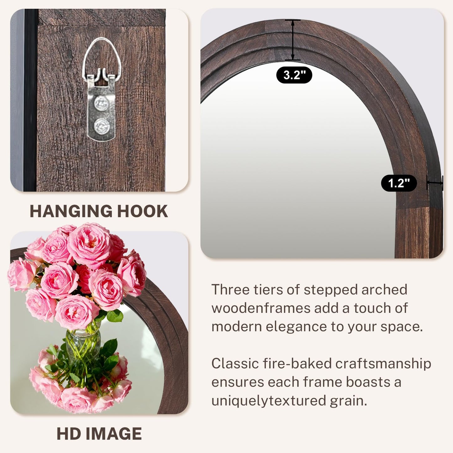 LXWZHK 36"x24" Arched Wooden Frame Wall Mirror, Rustic Vanity Wall Mirror for Bathroom, Bedroom, Brown