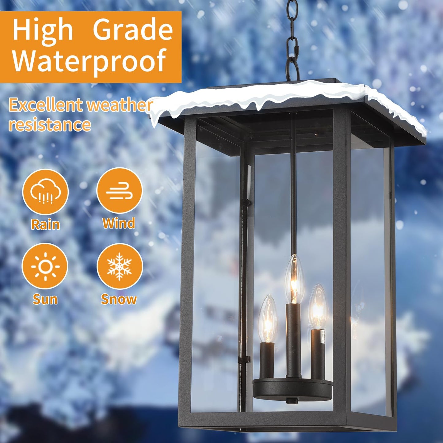 Smeike Outdoor Pendant Light Exterior Hanging Lantern, Large Outdoor Hanging Porch Light, Matte Black Finish with Clear Glass, 3 Light Outdoor Chandelier