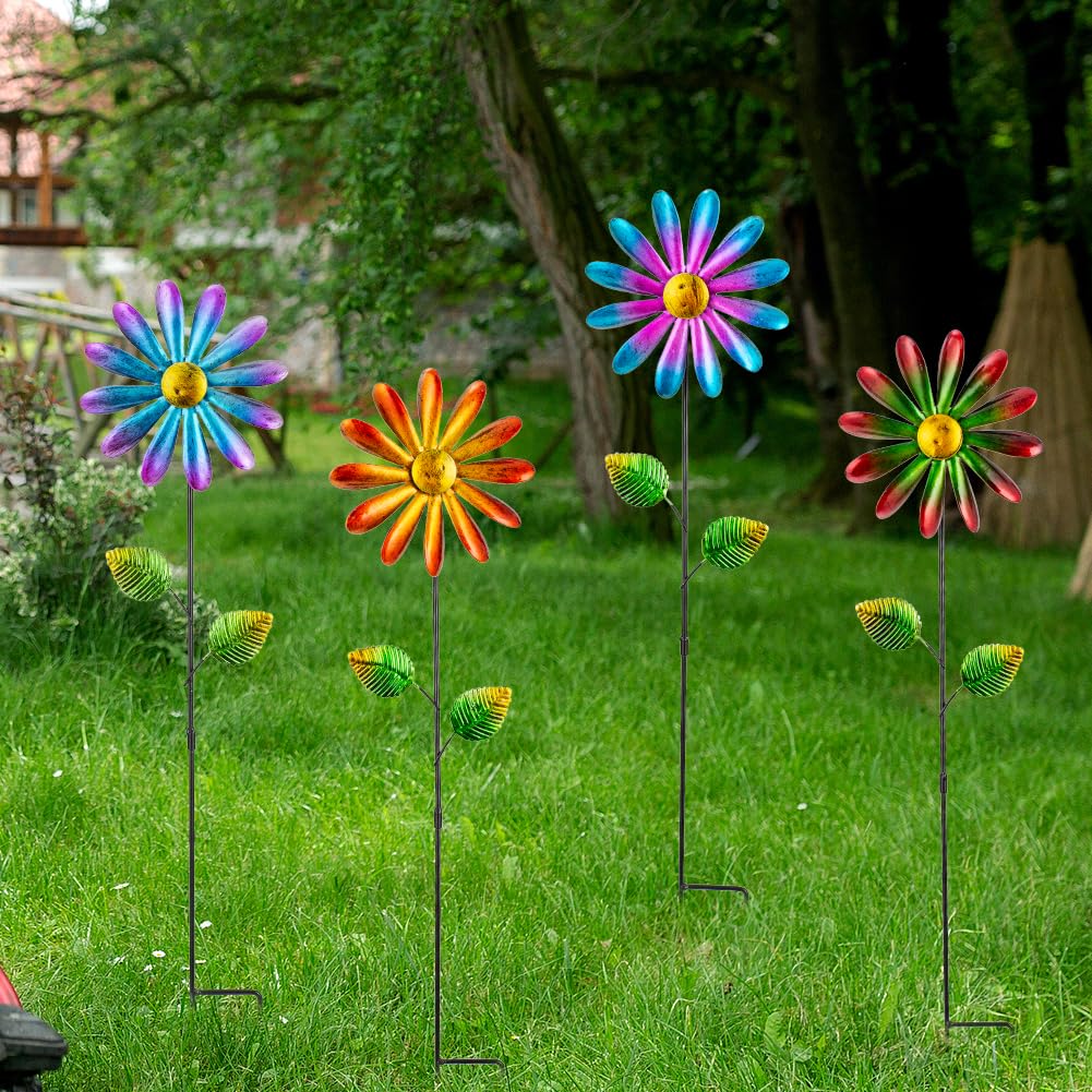 DREAMYSOUL 4 Packs Metal Flowers Wind Spinners Outdoor, Pinwheel Decorative Garden Stakes, Metal Small Wind Spinner for Yard and Garden Decor