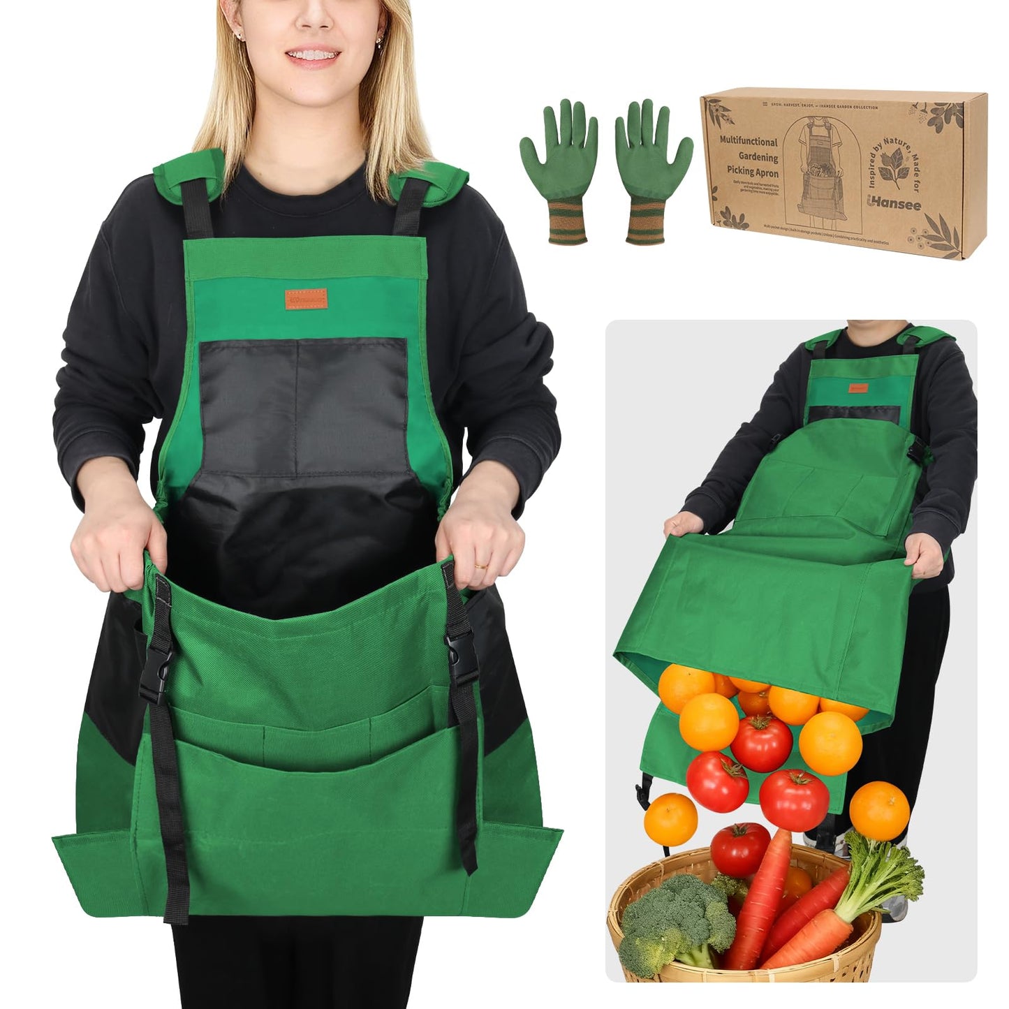 iHansee Green Gardening Apron with Pockets, Garden Apron with Protective Gloves for Women&Men, Harvest & Foraging Aprons w/Quick Release Pocket for Gardeners, One Size Fits Most, Gardening Gifts