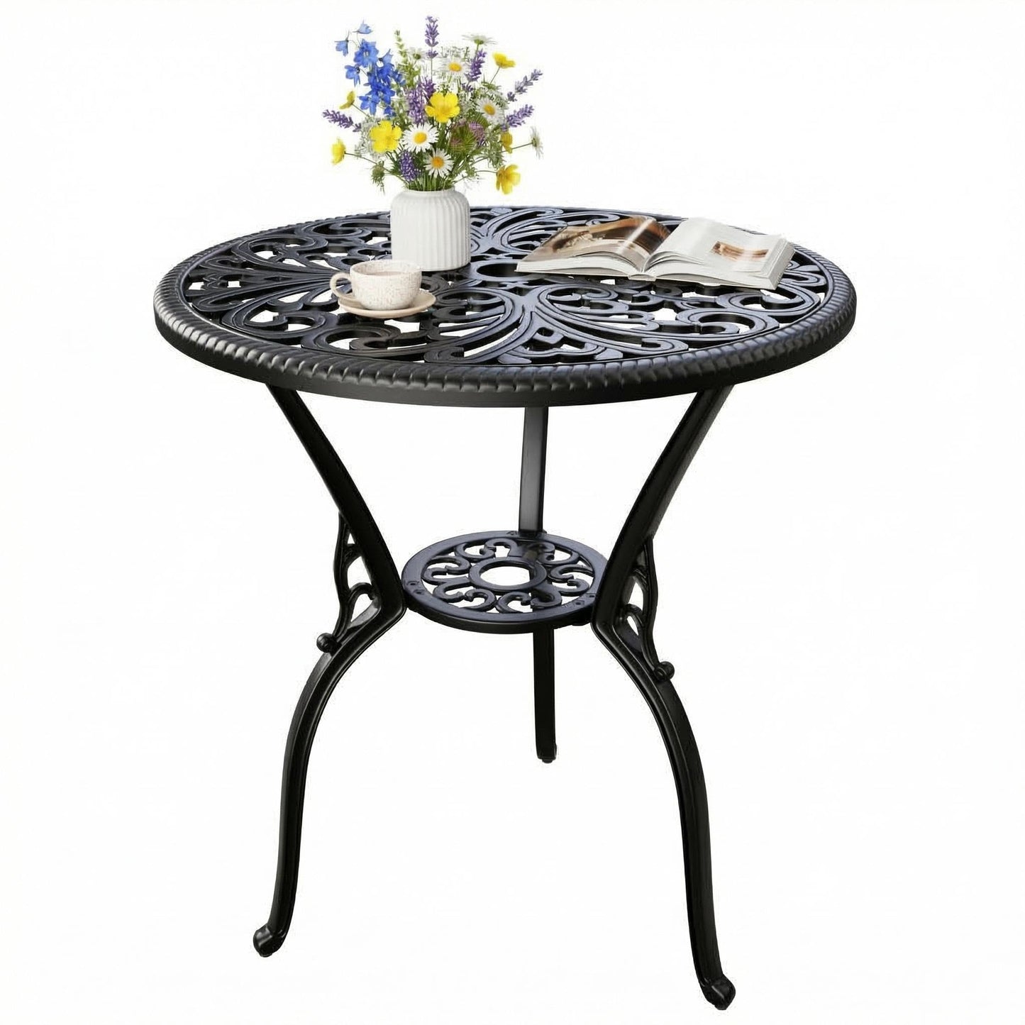 IDEALHOUSE Patio 23''Cast Aluminum Side Table with Umbrella Hole,Outdoor Small Coffee Tables,Anti-Rust Bistro Table,Round End Table,Outdoor Furniture for Indoor,Patio,Garden,Porch,Balcony(Retro Black)