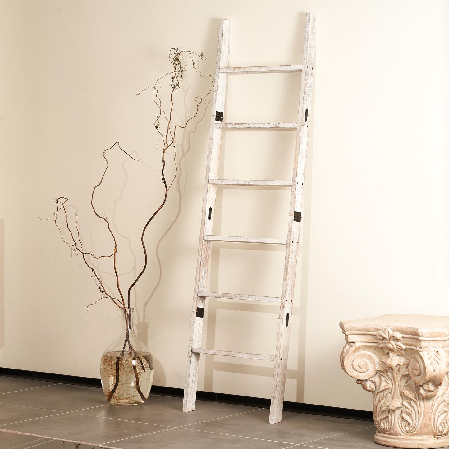 Blanket Ladder for The Living Room 6-Tier, Wooden Decorative Quilt Holder for Bed Room, Wall-Leaning Towel Rack for Bathroom，Rustic Farmhouse Ladders for Display. (White Wash)