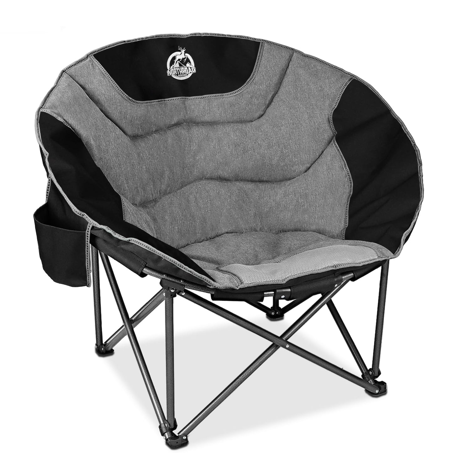 Northroad XXL Camping Moon Chair,Oversized Round Chair,Folding Padded Saucer w/Side Pocket,500lbs Capacity for Outdoor Hiking Fishing Picnic Lawn,Black&Grey
