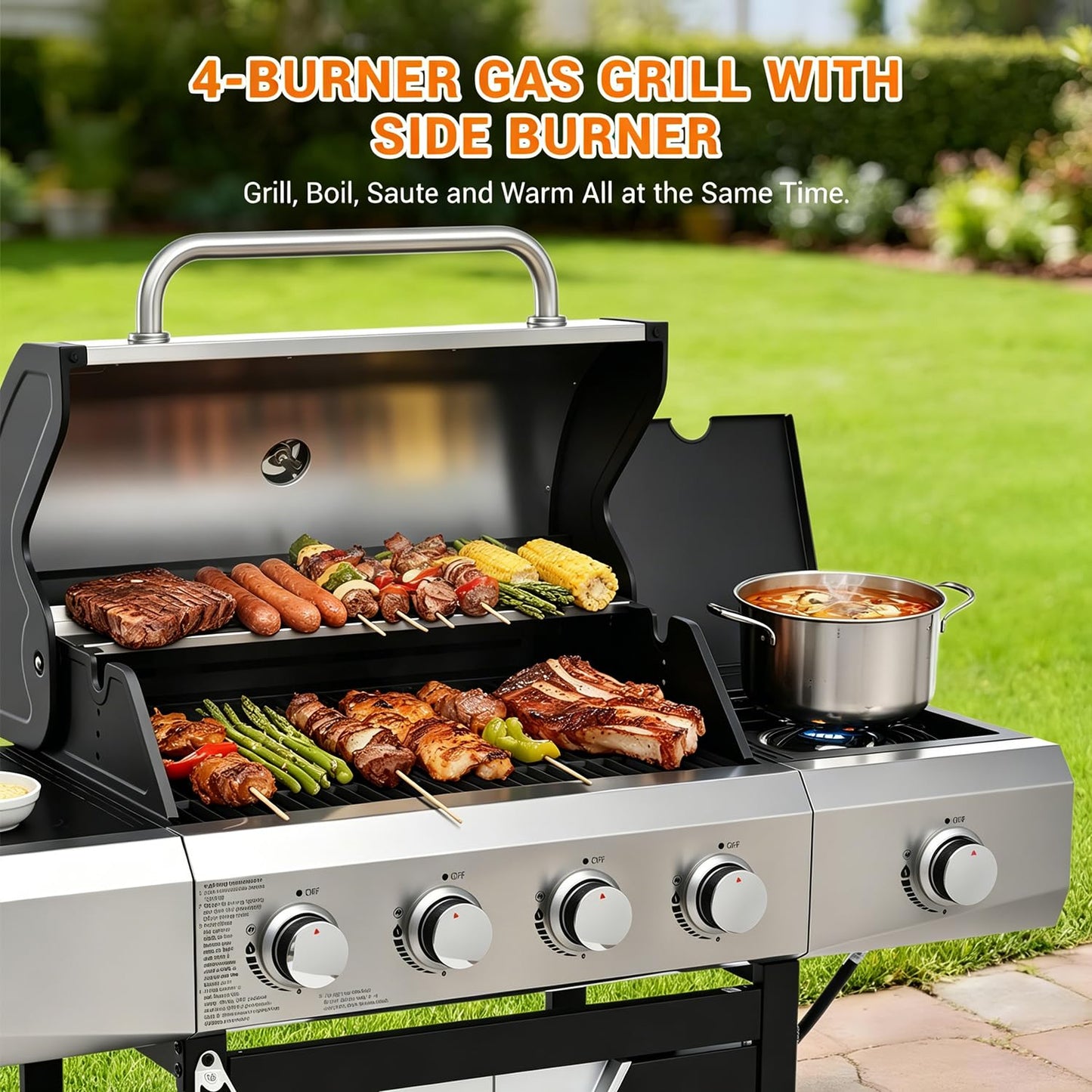 EUHOME 51,000 BTU 4-Burner Propane Gas Grill with Side Burner – Large 452 sq.in Stainless Steel BBQ Grill, Enameled Cast Iron Grates, 4 Swivel Casters & Protective Cover for Backyard Patio Family