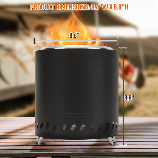 COOZOOM Portable Table Top Fire Pit with Stand, 8.6" Stainless Steel Mini Outdoor Low Smoke Burning Tabletop Firepit Fueled by Pellets or Wood, for Outside Camping Black