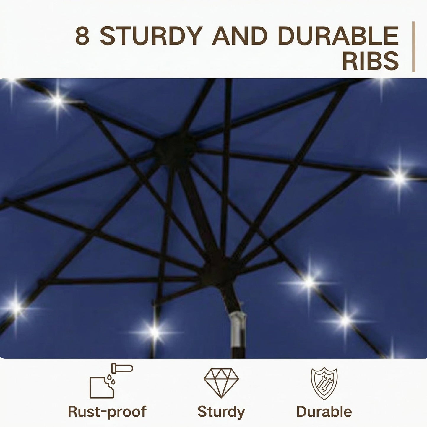 Kingdura 9FT Outdoor Patio Umbrella with Solar Lights, Market Table Umbrella with Push Button Tilt & Crank, 8 Sturdy Ribs, 32 LED Lights, UV Protection for Garden Lawn Deck Backyard Pool (Navy blue)