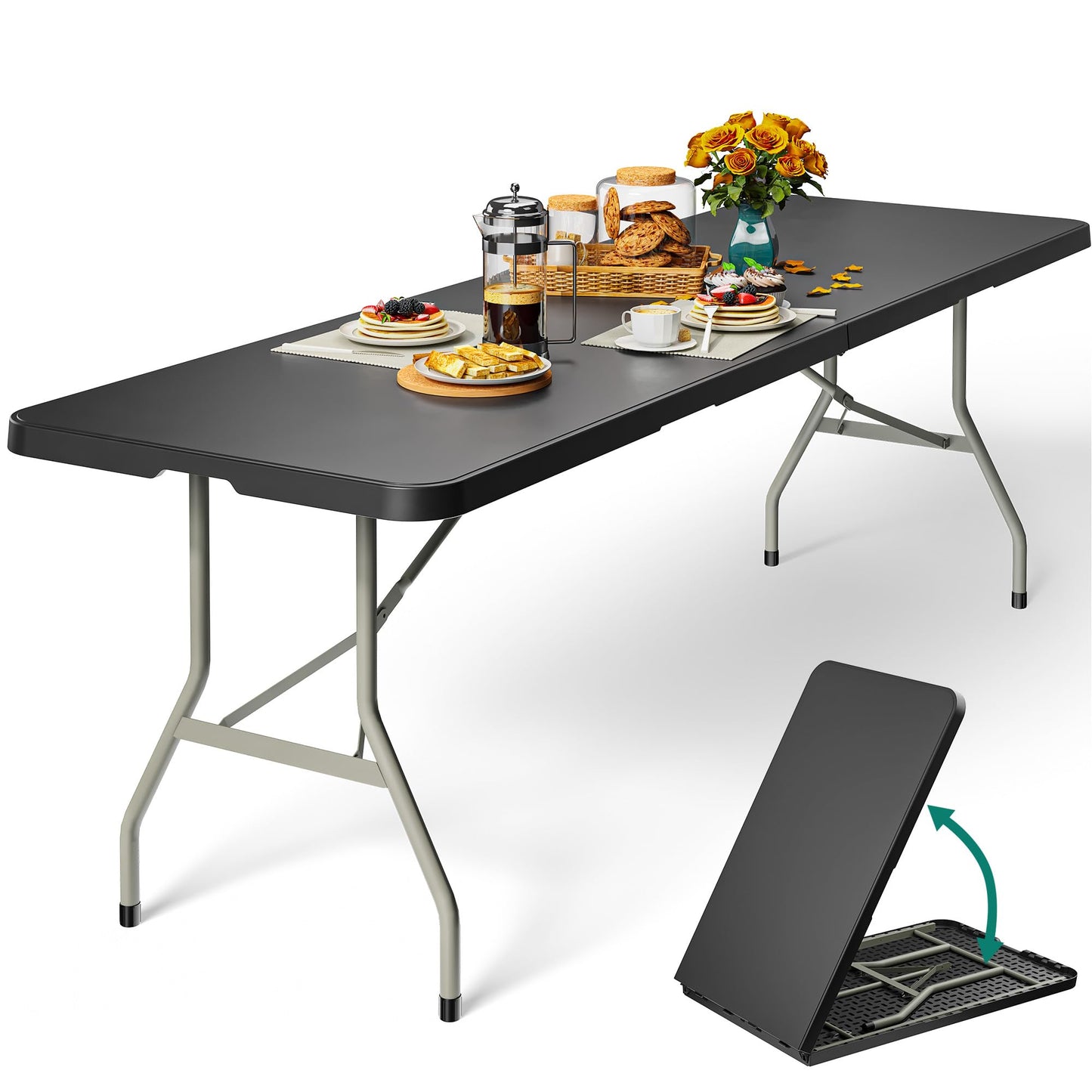 YITAHOME 8FT Folding Tables, Heavy Duty Folding Table with Carrying Handle, Plastic Fold up Table for Outdoor Camping Picnic Parties/Indoor Events, Black