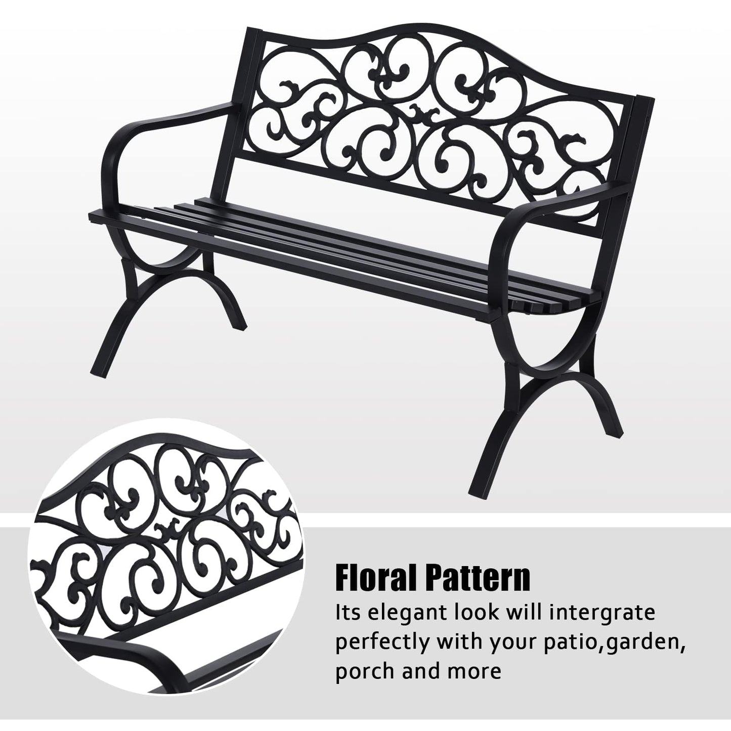 MFSTUDIO Outdoor Metal Bench Set of 2, 50 Inches Outdoor Garden Bench, Cast Iron Metal Frame Patio Park Bench with Floral Pattern Backrest, Arch Legs for Porch Lawn Yard, Black