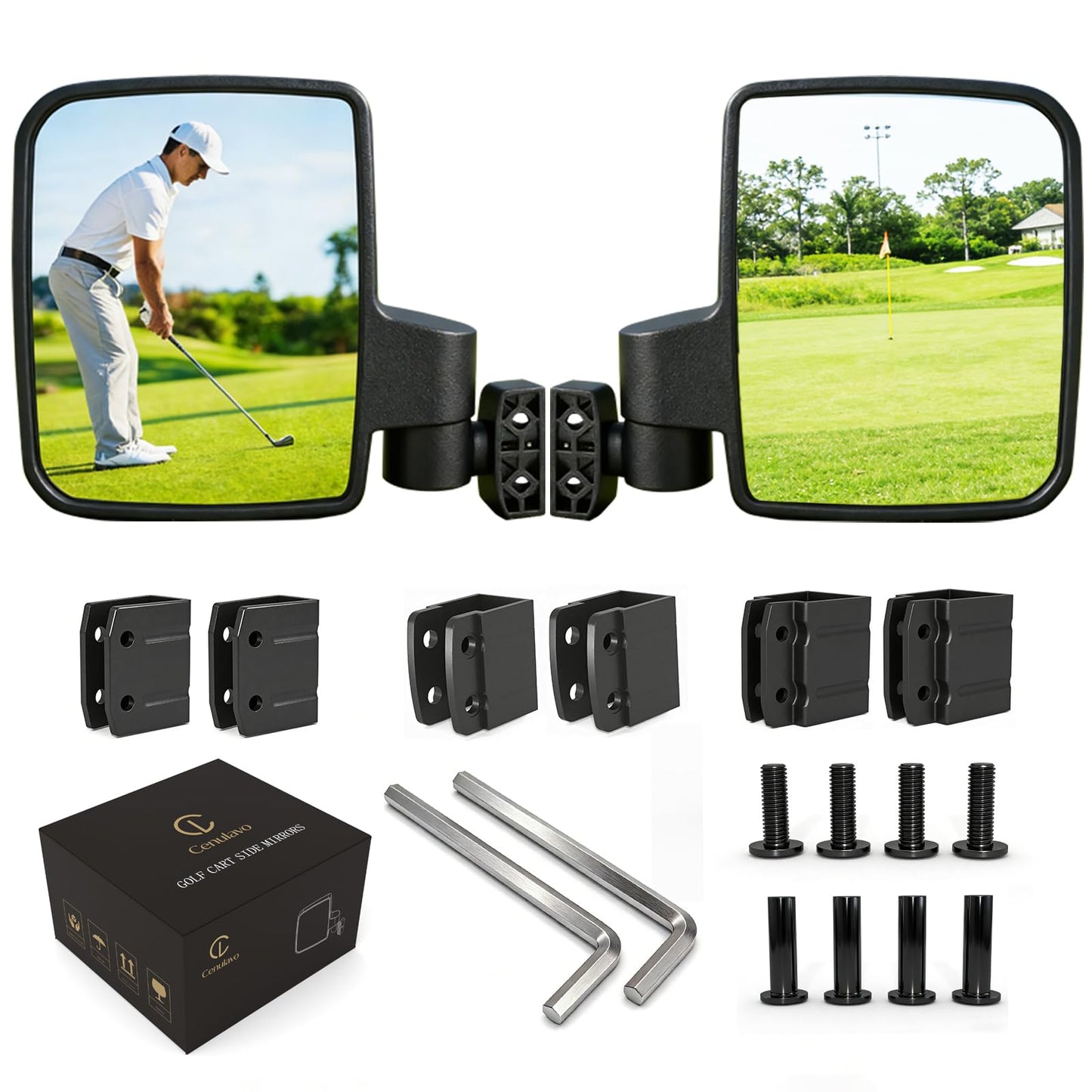 Cenulavo Golf Cart Mirrors, No Drilling Side Rear View Mirrors for Club Car EZGO Yamaha, Clamp On Foldable Wide Angle Anti-Vibration, Fits 0.75" 1" 1.25" Square Tube