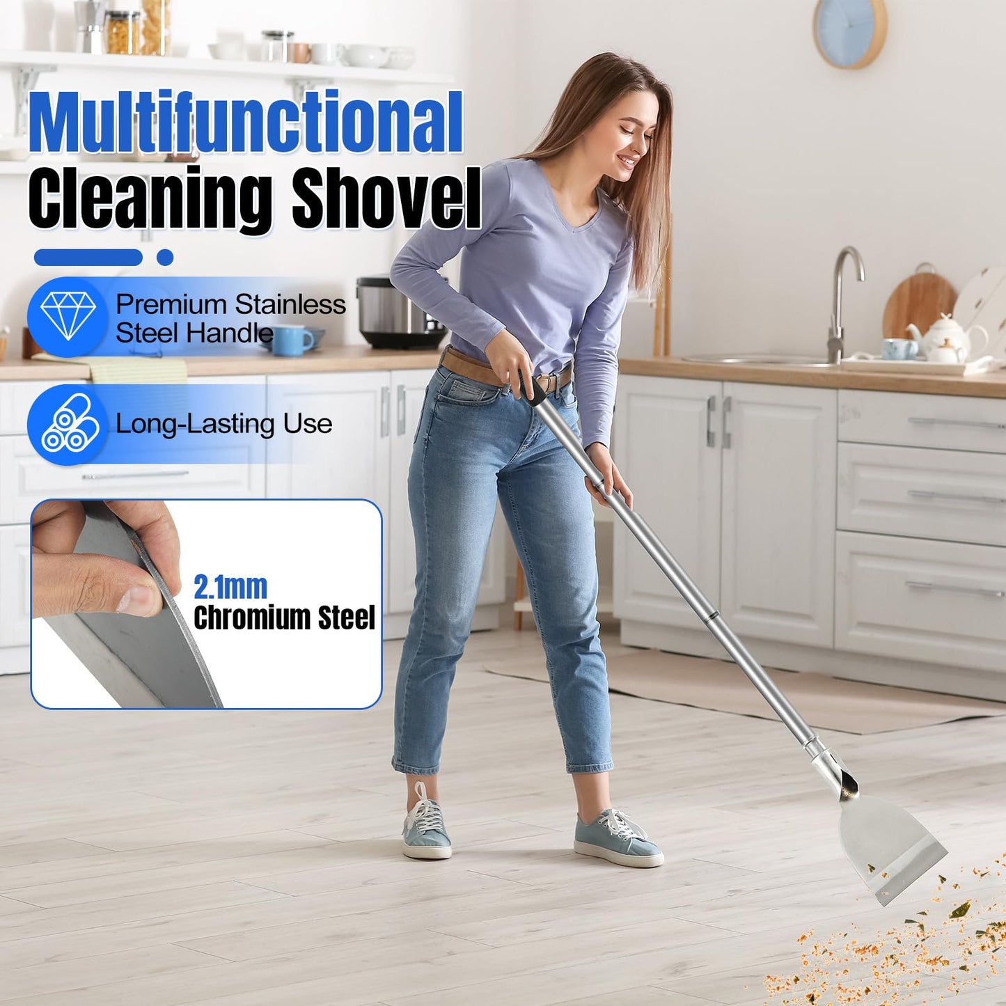 ROLKAR Floor Scraper Tool, Garden Flat Shovel, Razor Blade Paint Scrapers for Wallpaper Sticker Removal, Tile Gum Glue Stains Cleaning Tools, Snow Shovel for Driveway-Stainless Steel Long Handle